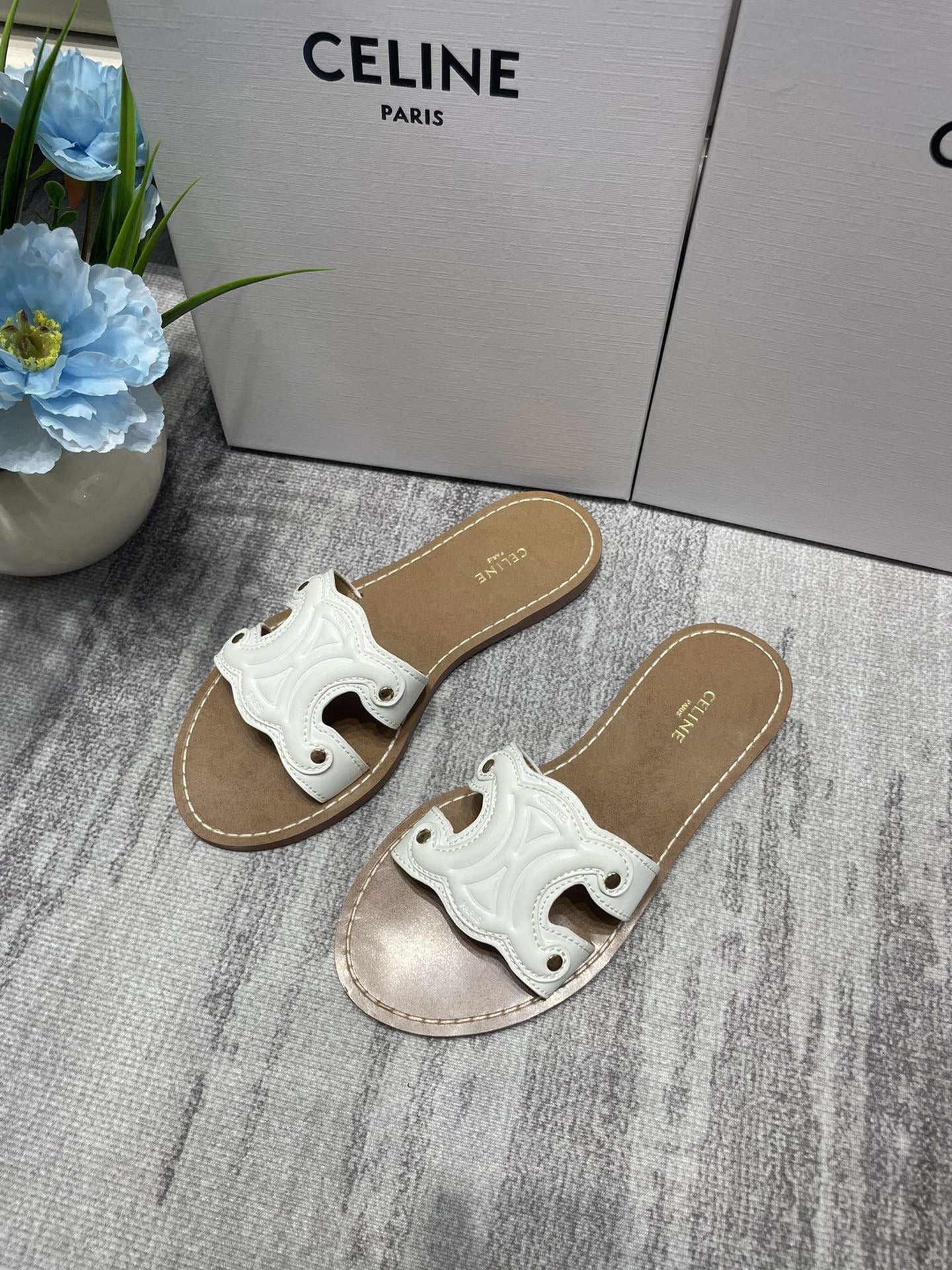 Celine Denim & Leather Tassel Slides