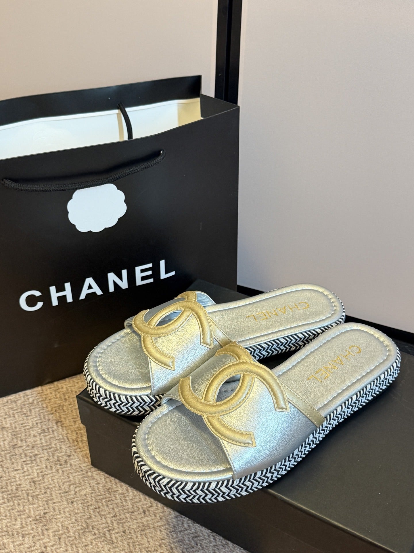 Chanel Lambskin Leather Logo Slides