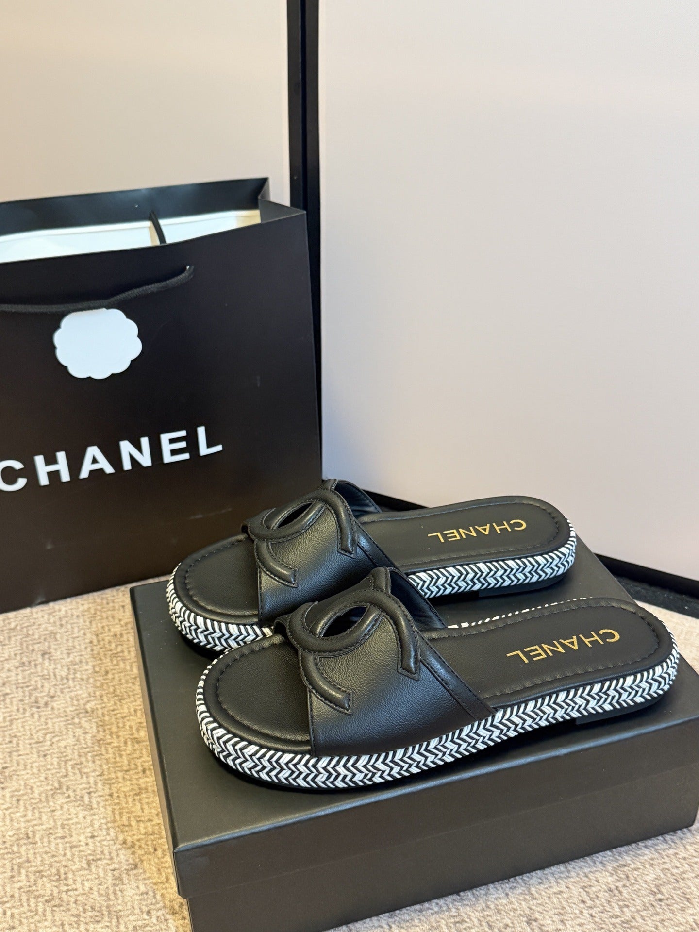 Chanel Lambskin Leather Logo Slides