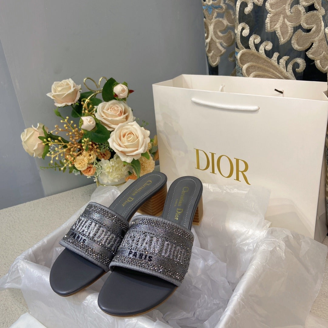 Dior Cotton & Lambskin Leather Crystal Slides