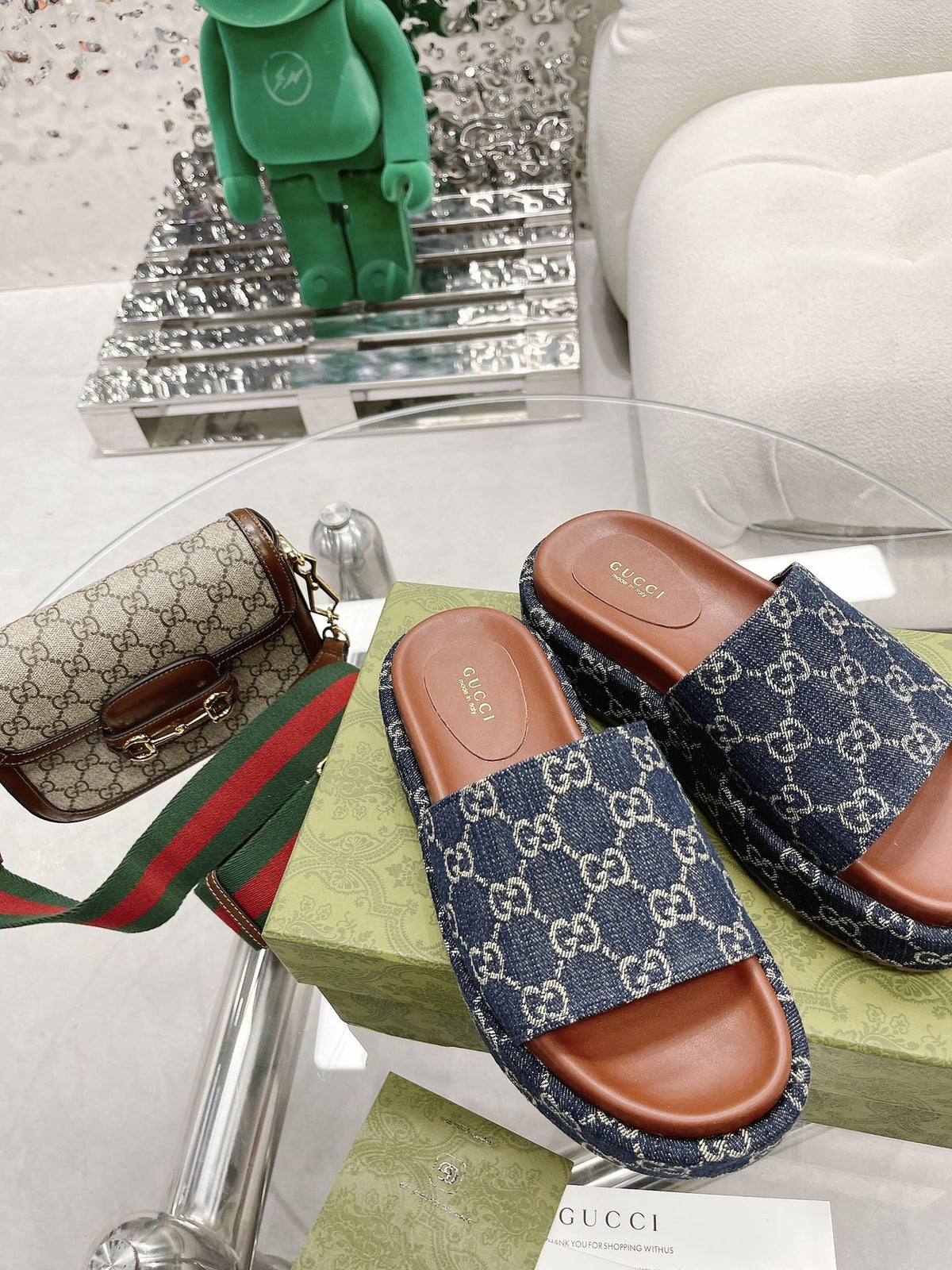 Gucci Green Canvas & Leather Double G Slides
