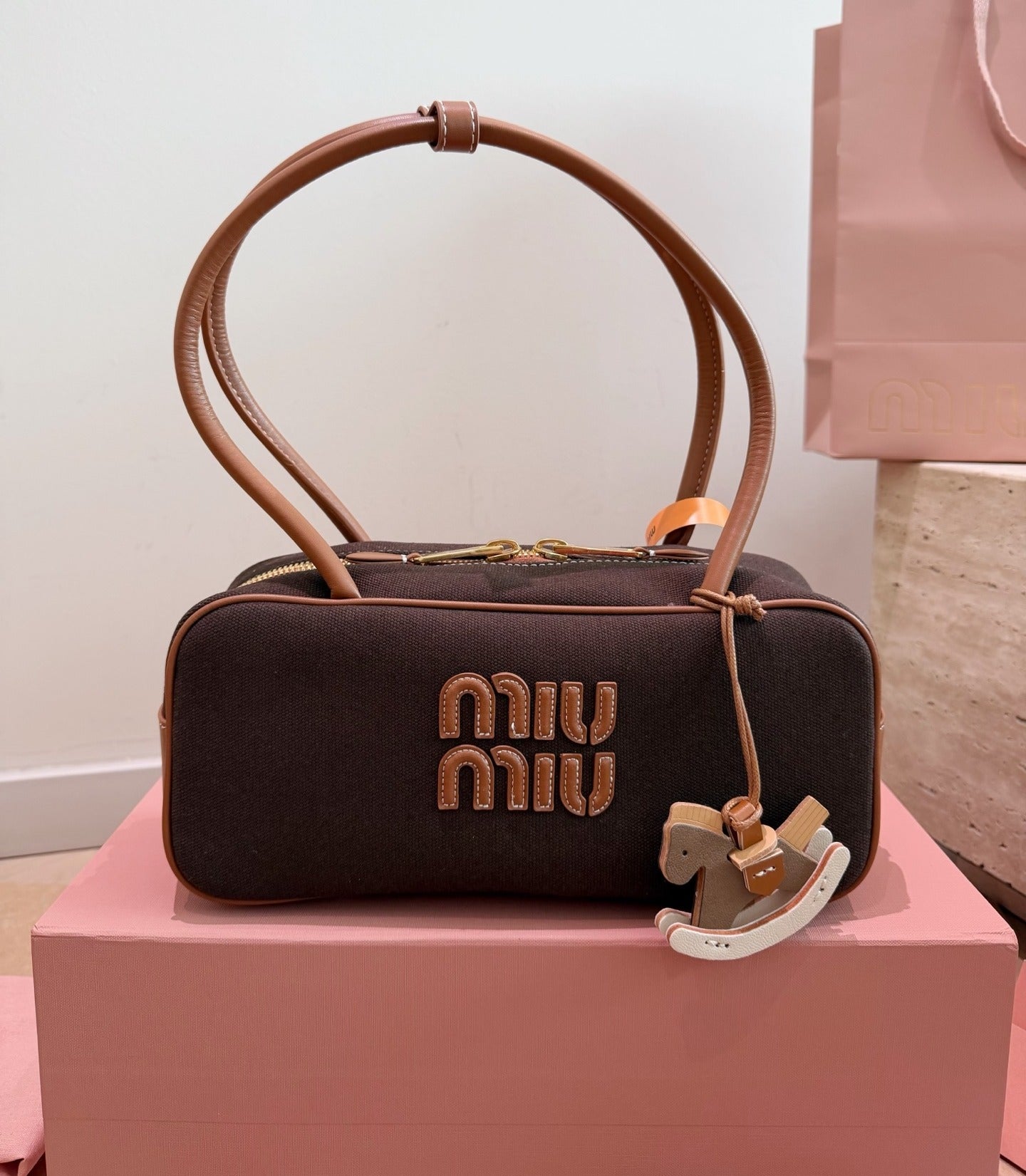 Miu Miu White Canvas & Leather Logo Handbag