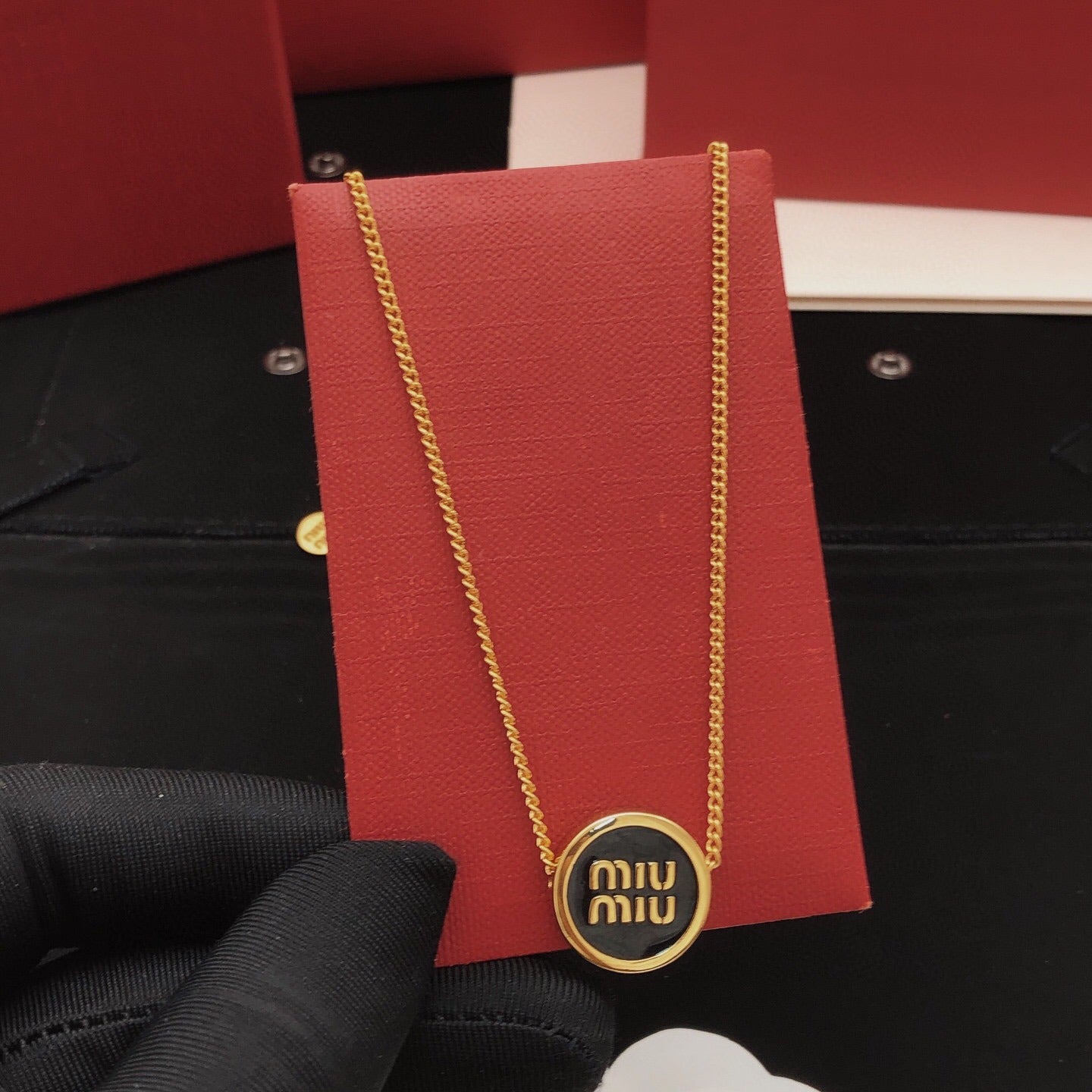 Miu Miu Black Brass Round Necklace
