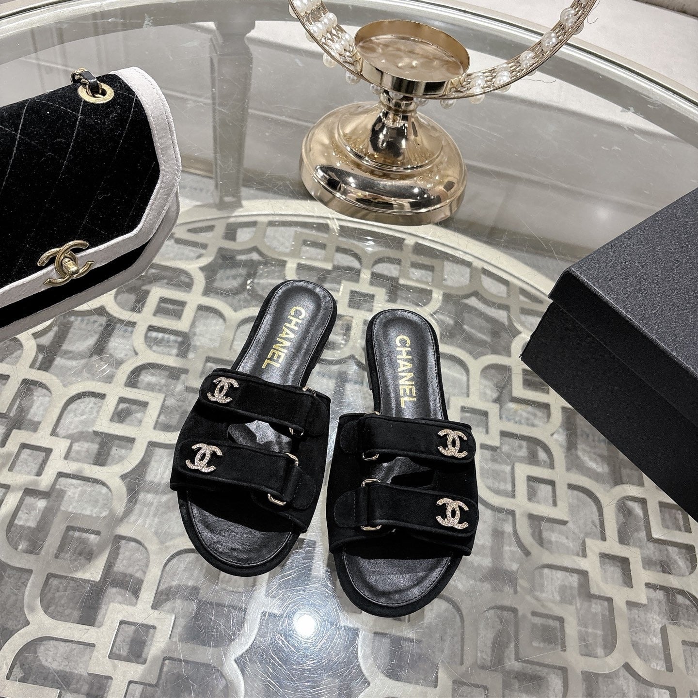 Chanel Lambskin Leather Crystal Slides