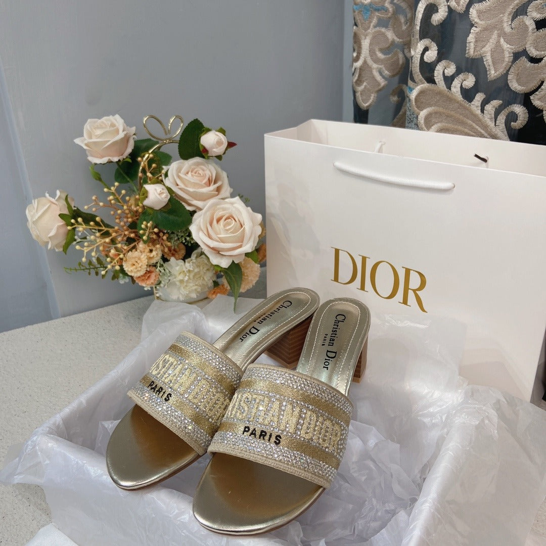 Dior Cotton & Lambskin Leather Crystal Slides