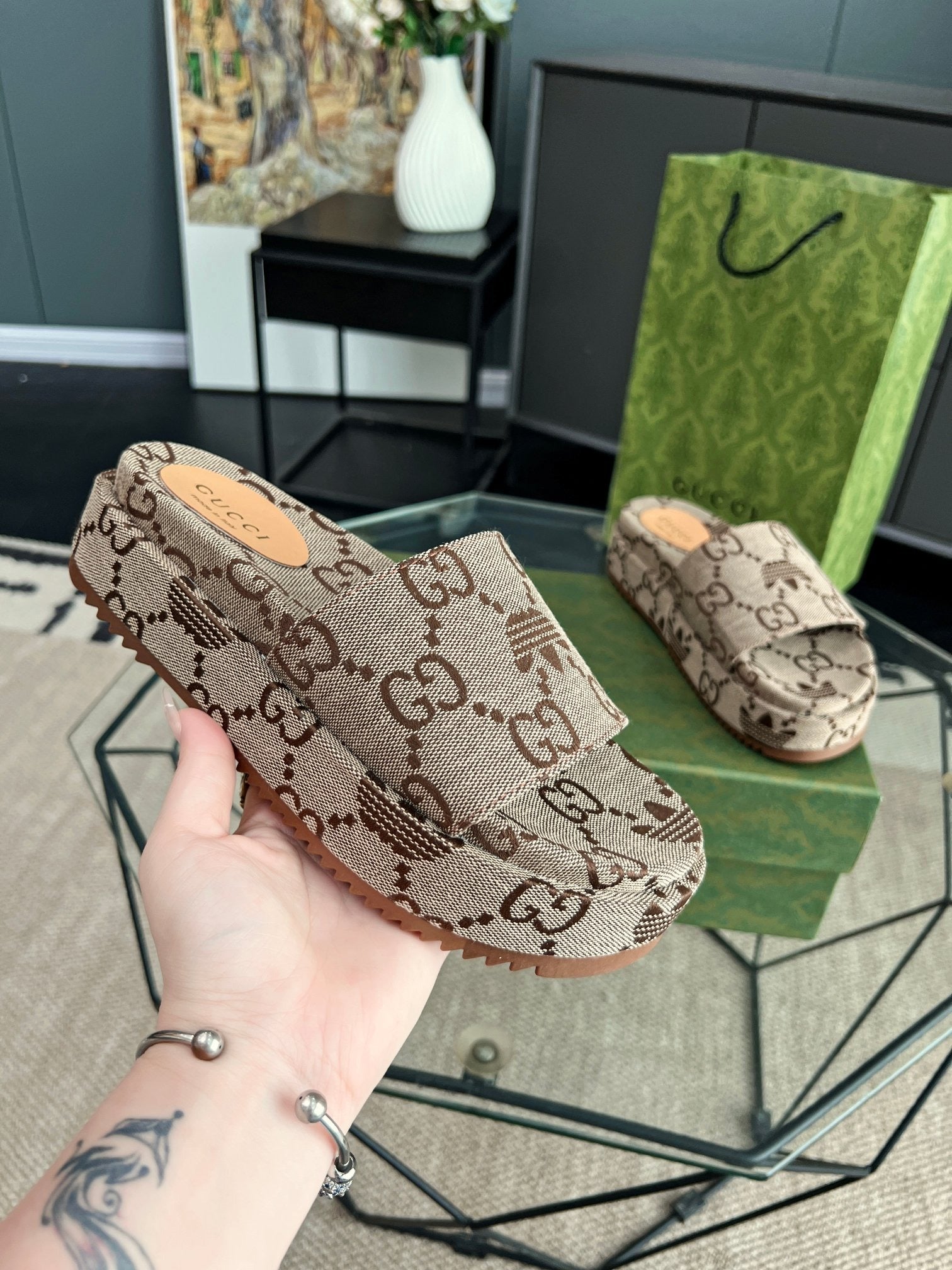 Gucci Green Canvas & Leather Double G Slides
