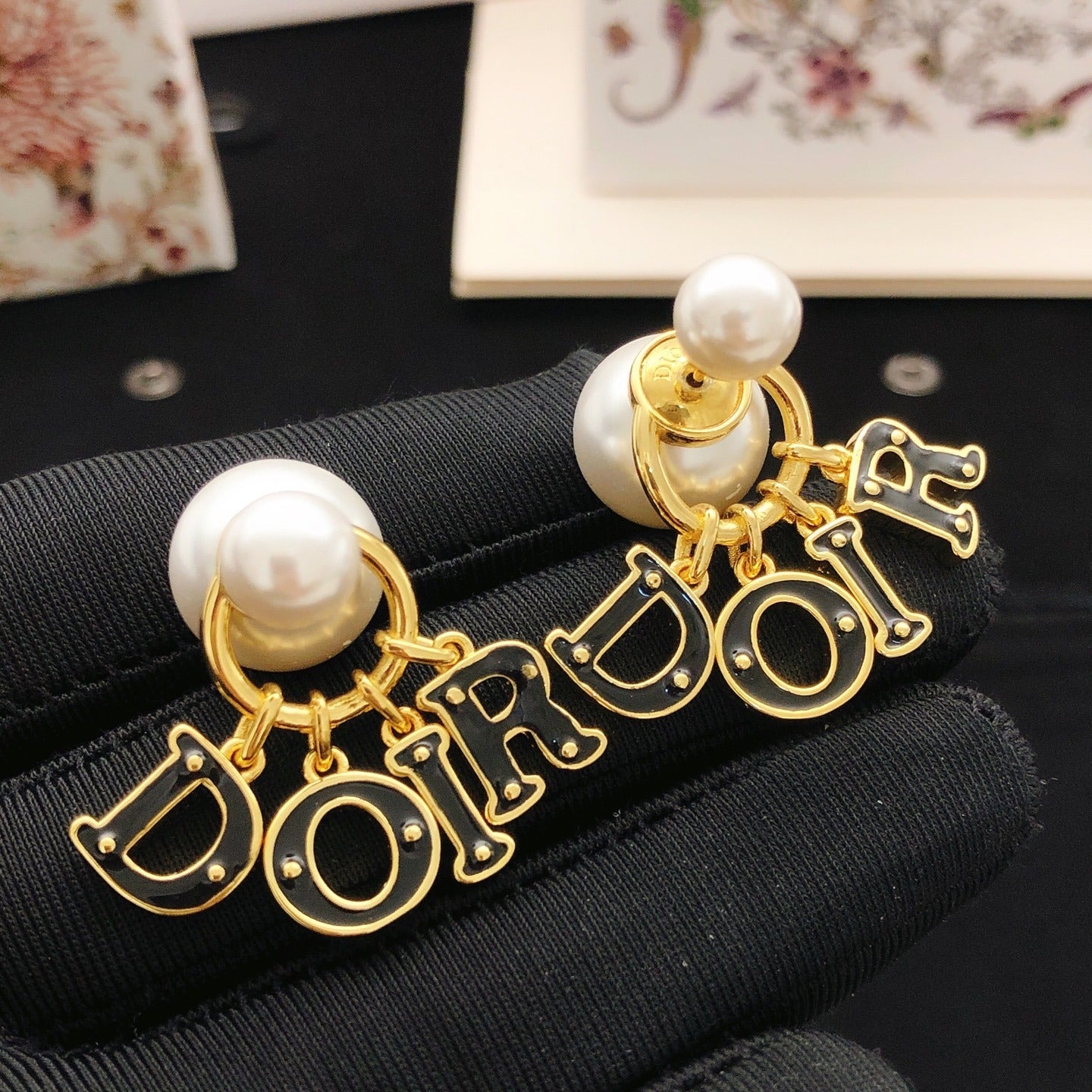 Dior Black Brass Logo Earrings