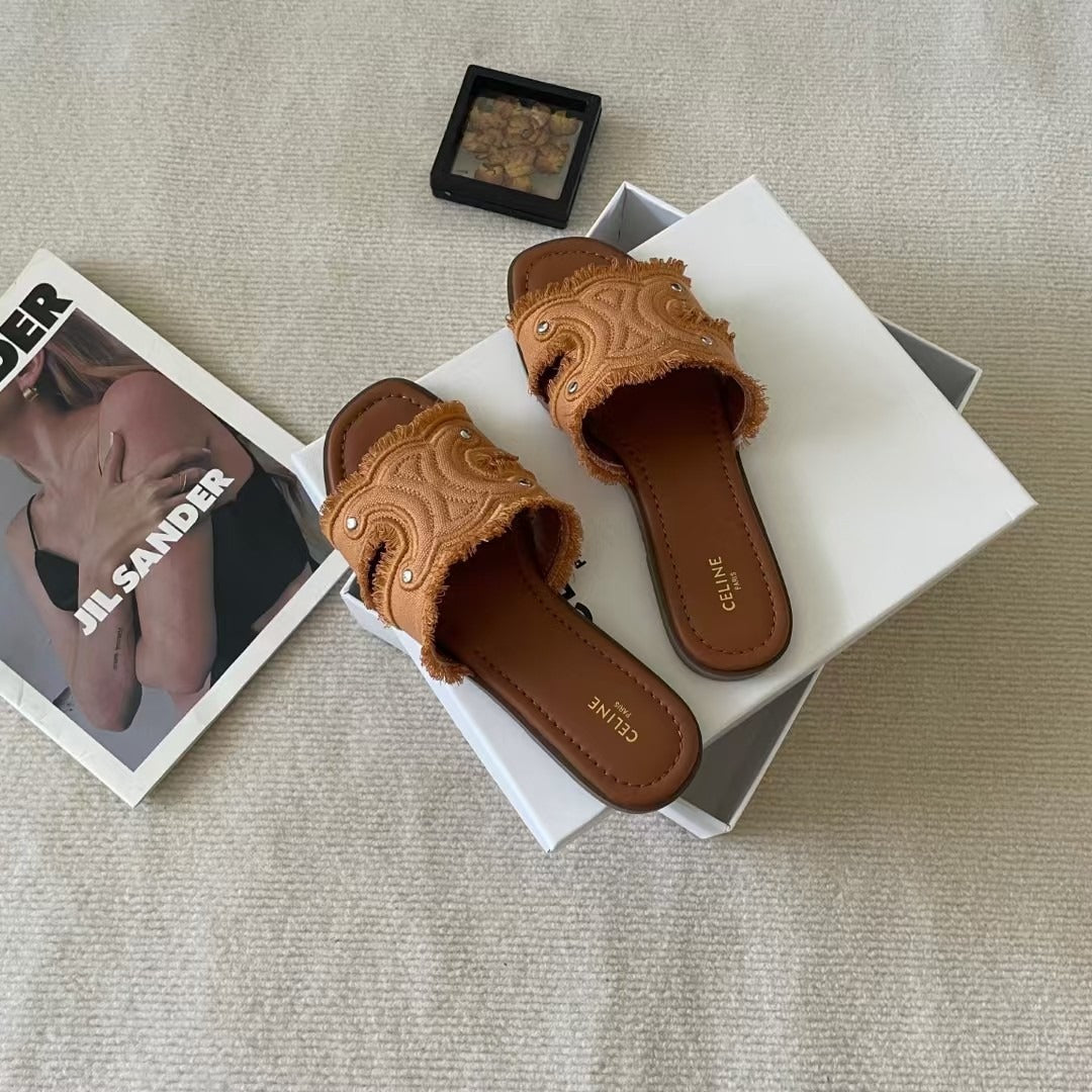 Celine Denim & Leather Tassel Slides