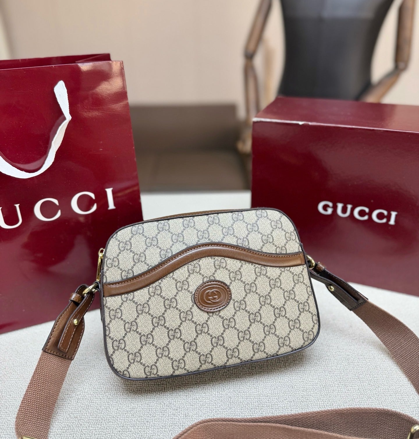Gucci Brown Canvas & Leather Double G Crossbody Bag