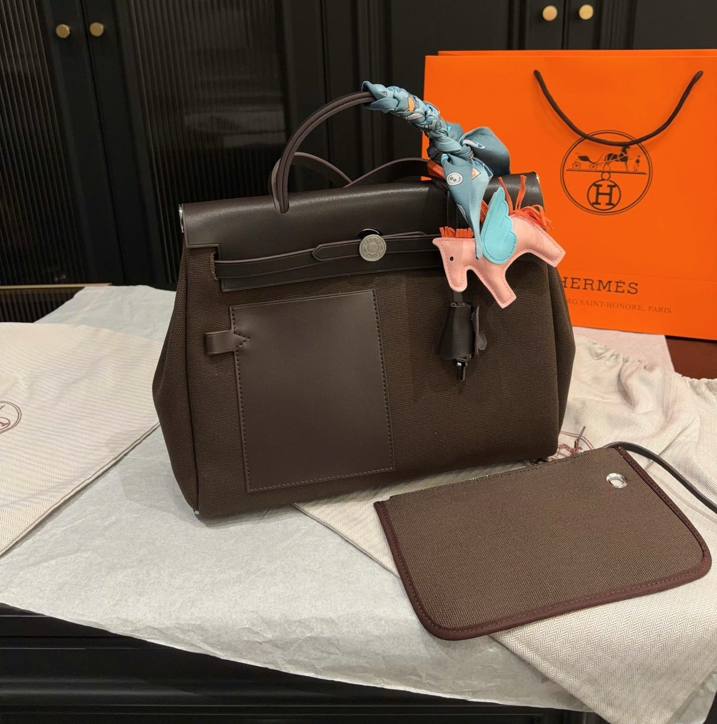 Hermes Brown Canvas & Calfskin Leather Handbag