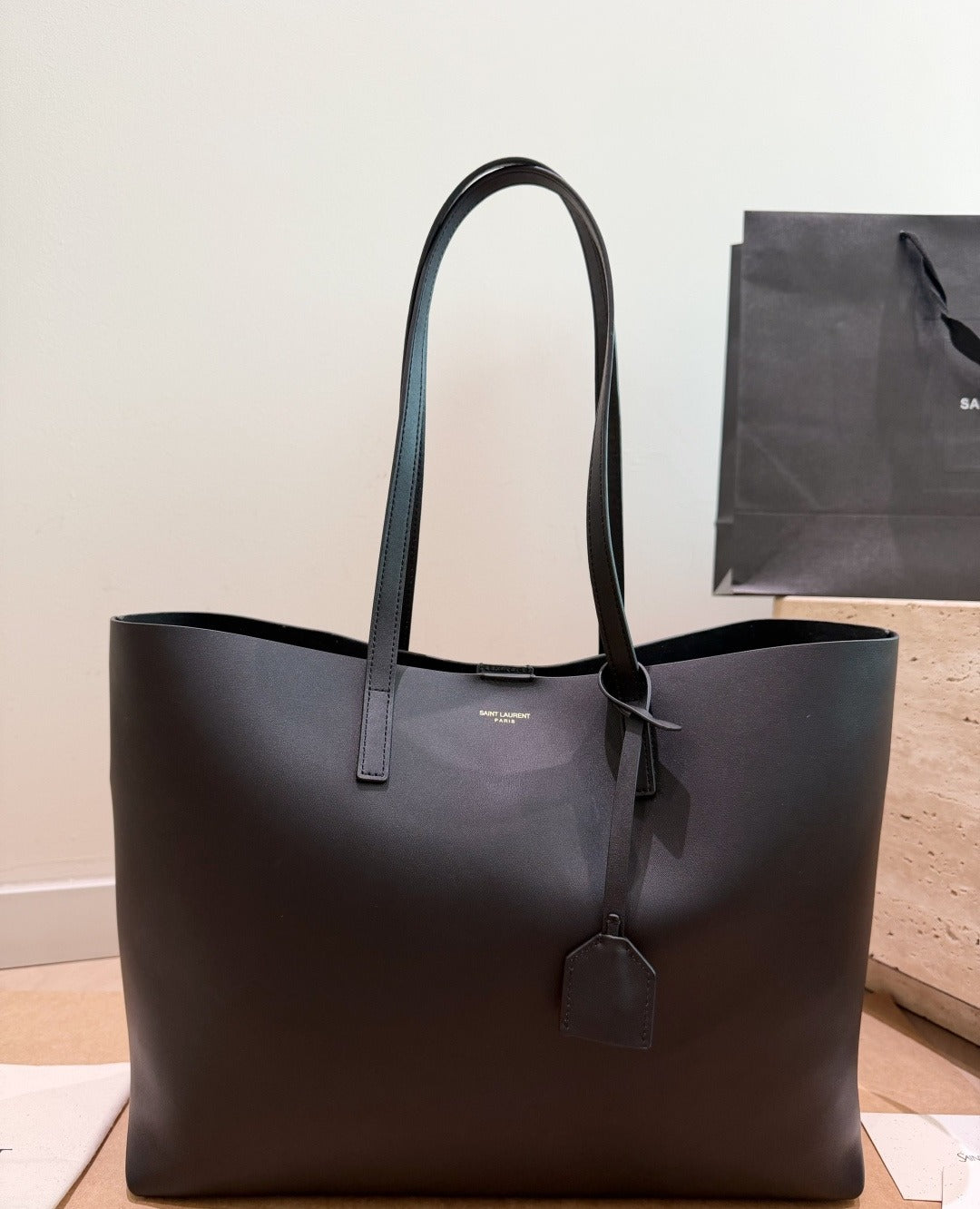 Saint Laurent Black Calfskin Leather Logo Tote Bag