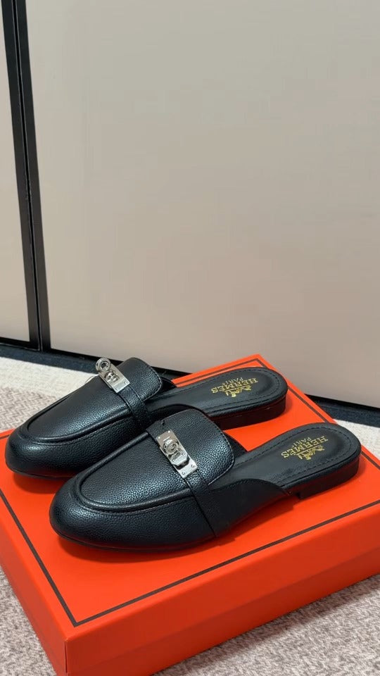 Hermes Calfskin Leather Logo Slides
