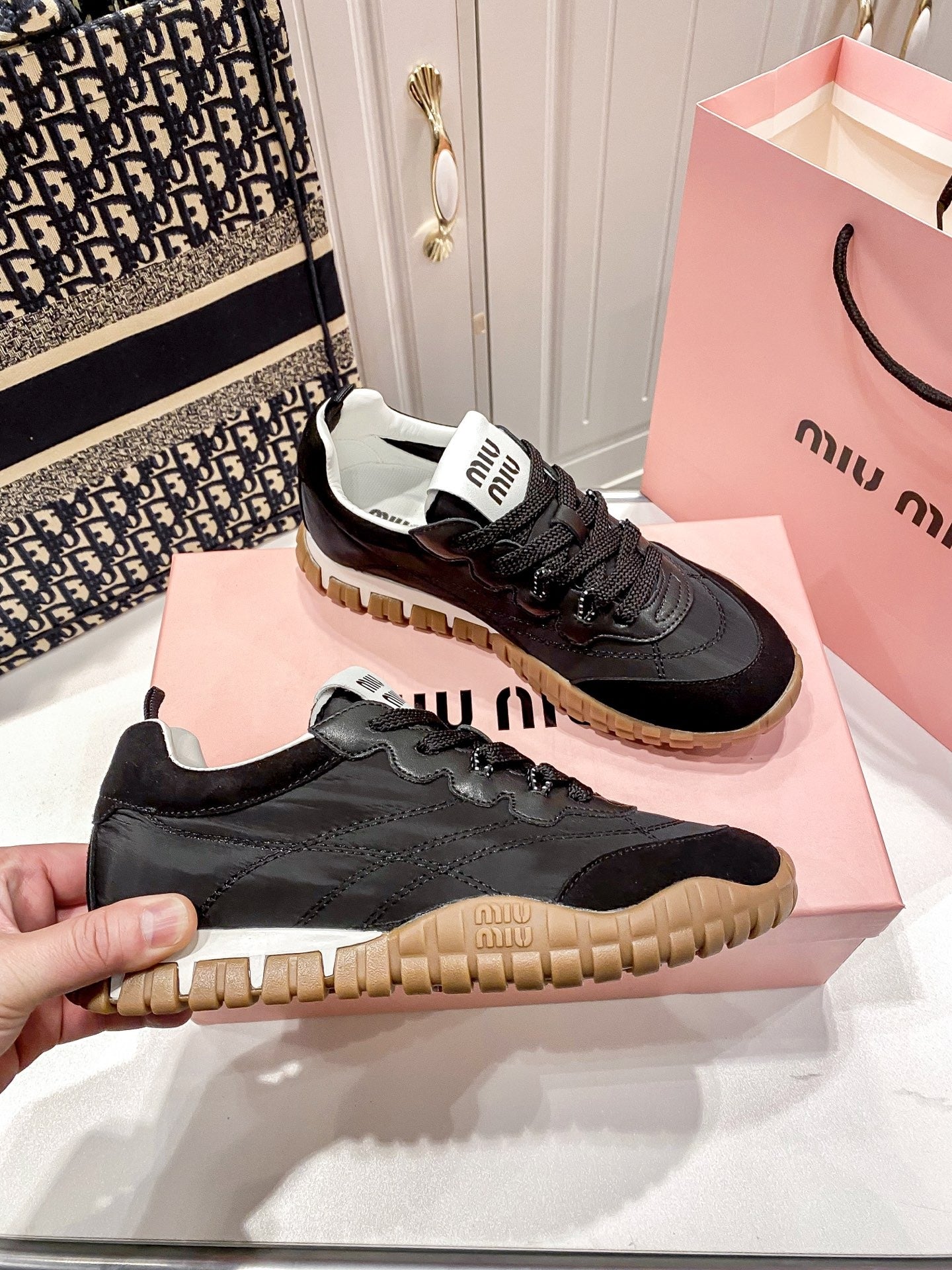 Miu Miu Black Canvas & Leather Vintage-Finish Sneakers