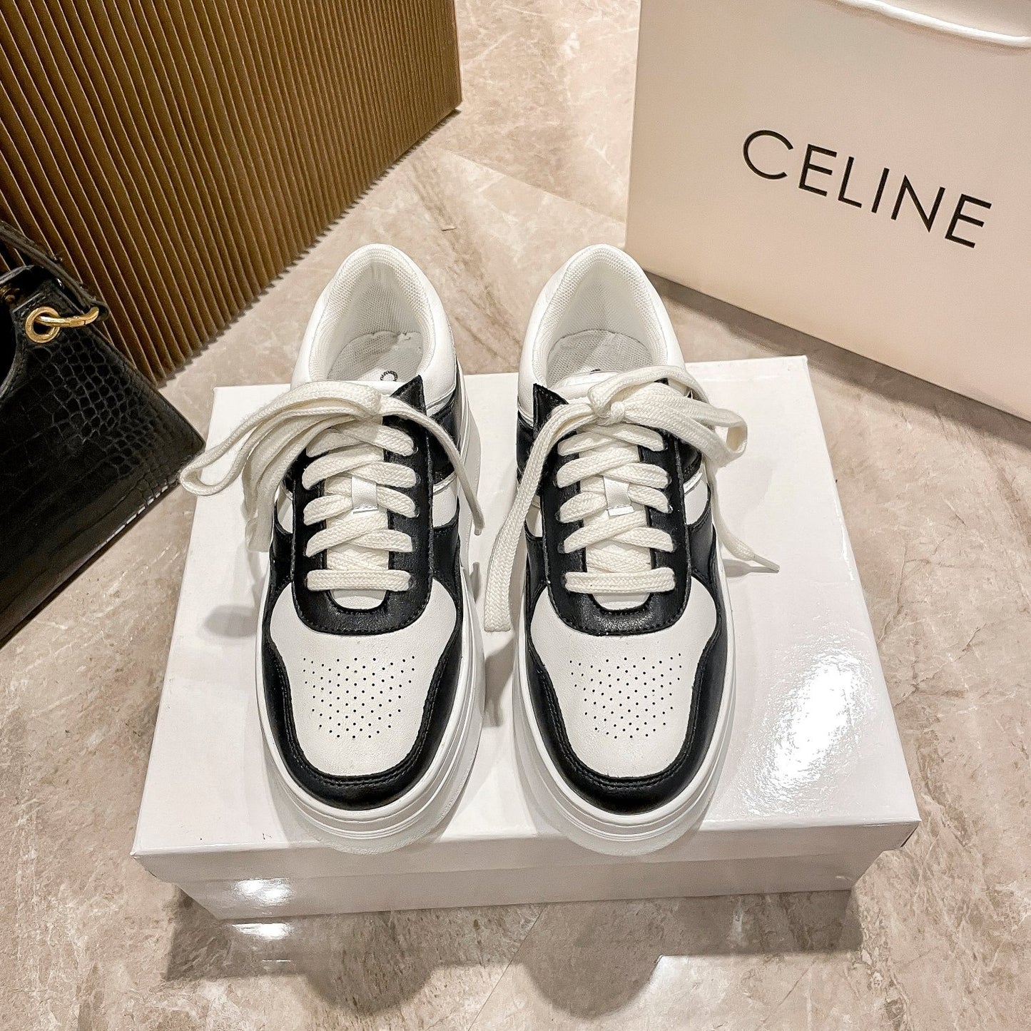 Celine Leather Vintage-Finish Sneakers