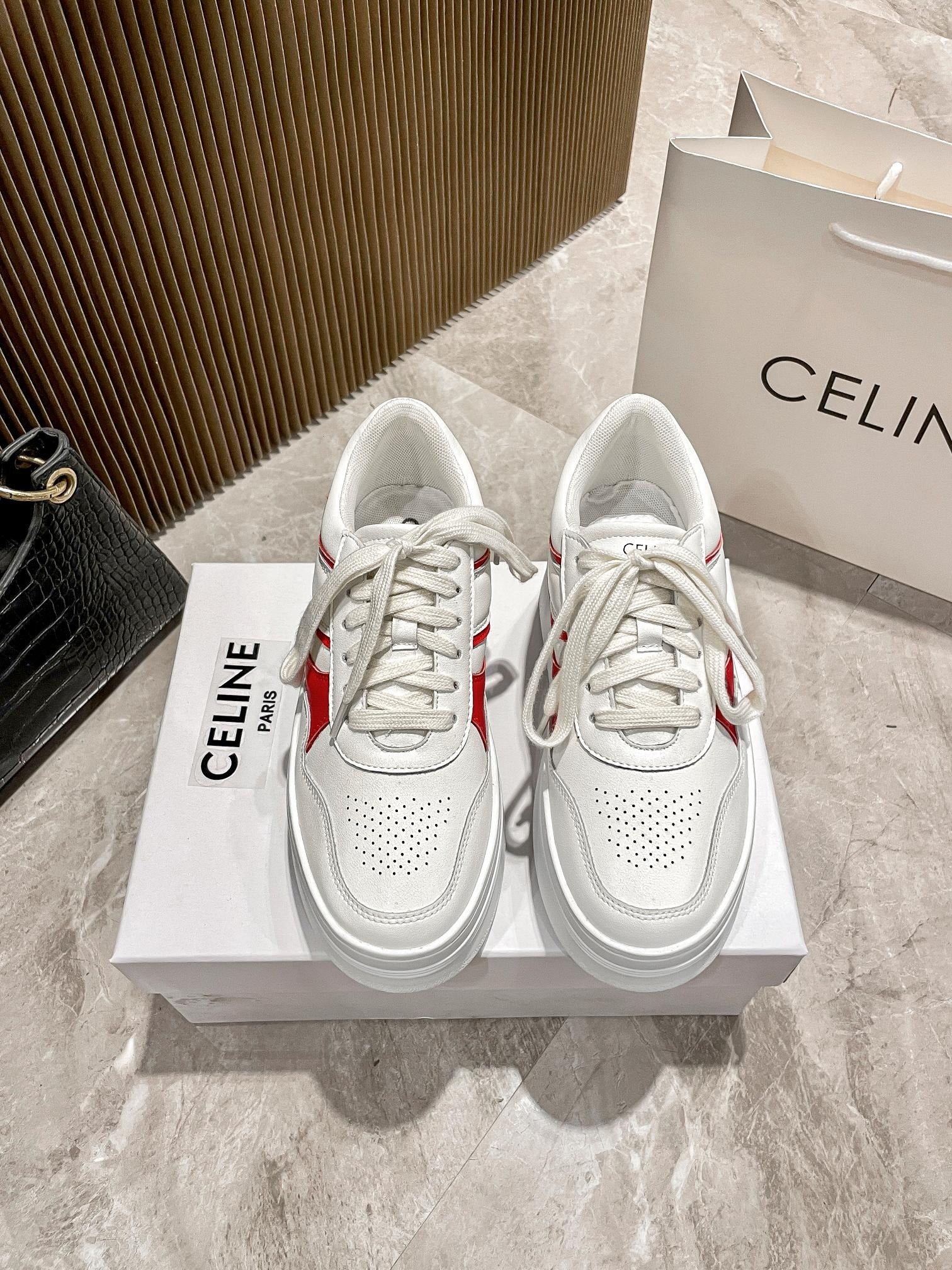 Celine Leather Vintage-Finish Sneakers