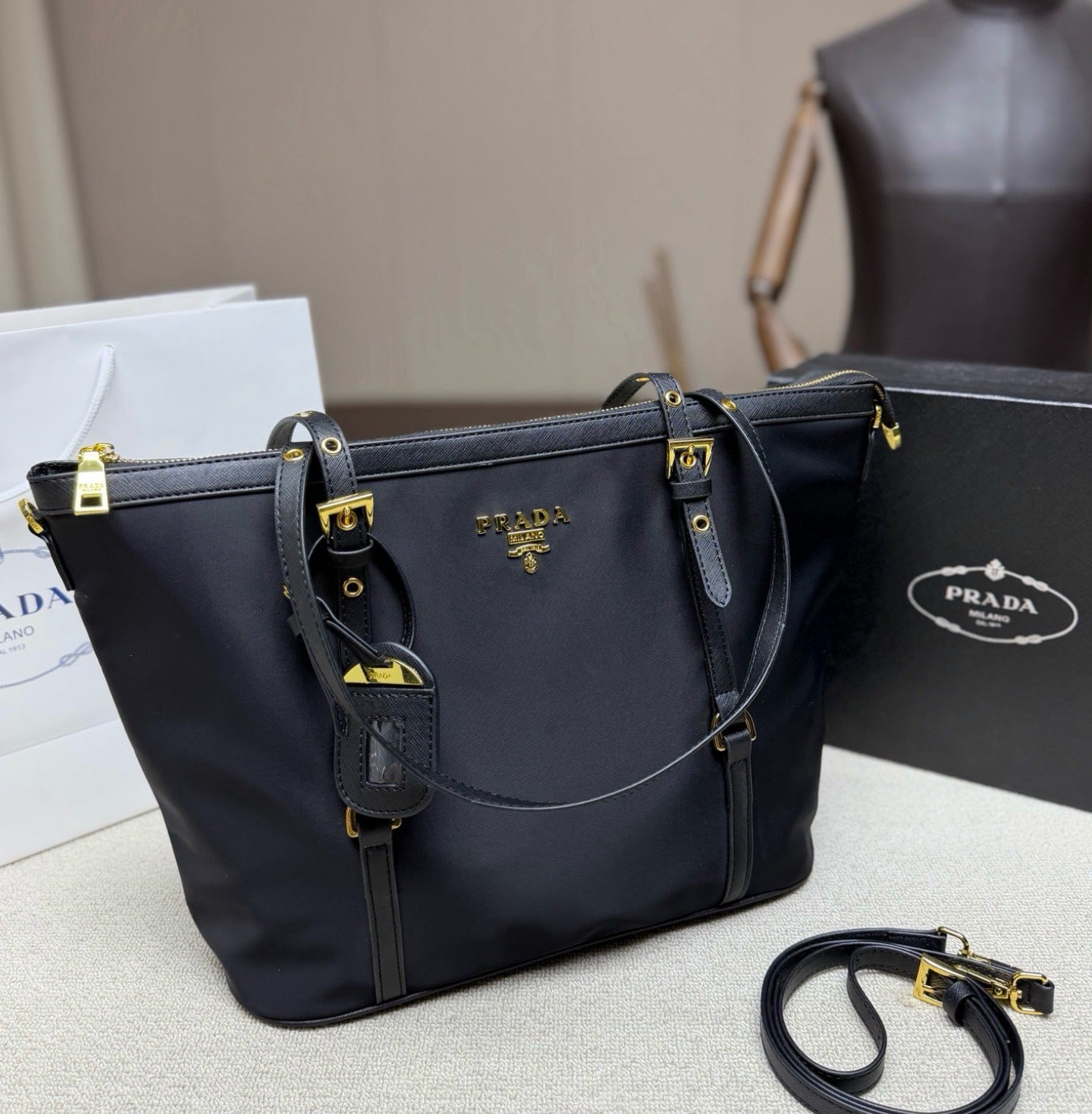 Prada Nylon & Leather Zip Tote Bag