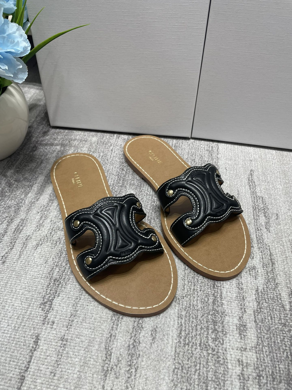 Celine Denim & Leather Tassel Slides