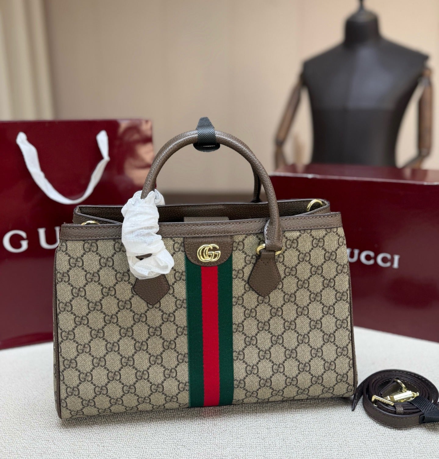 Gucci White Canvas & Leather Ophidia Tote Bag