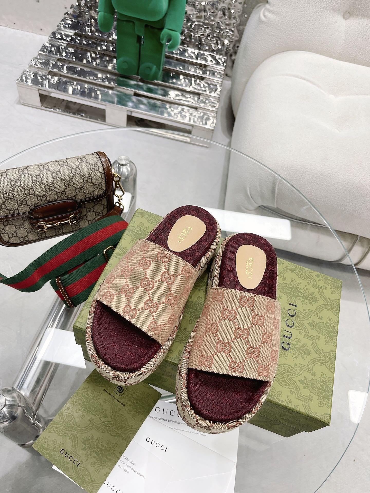 Gucci Green Canvas & Leather Double G Slides