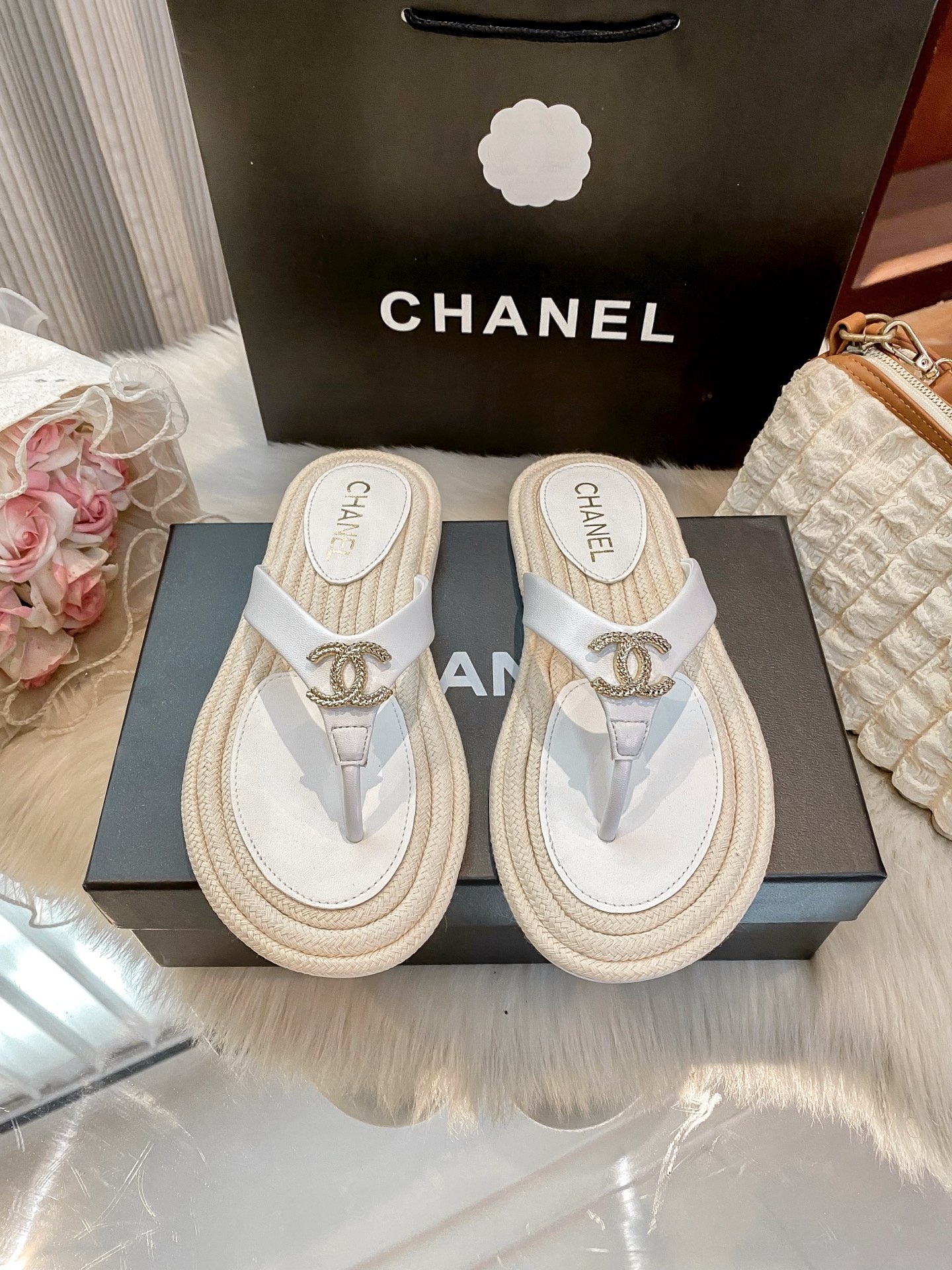Chanel White Slides