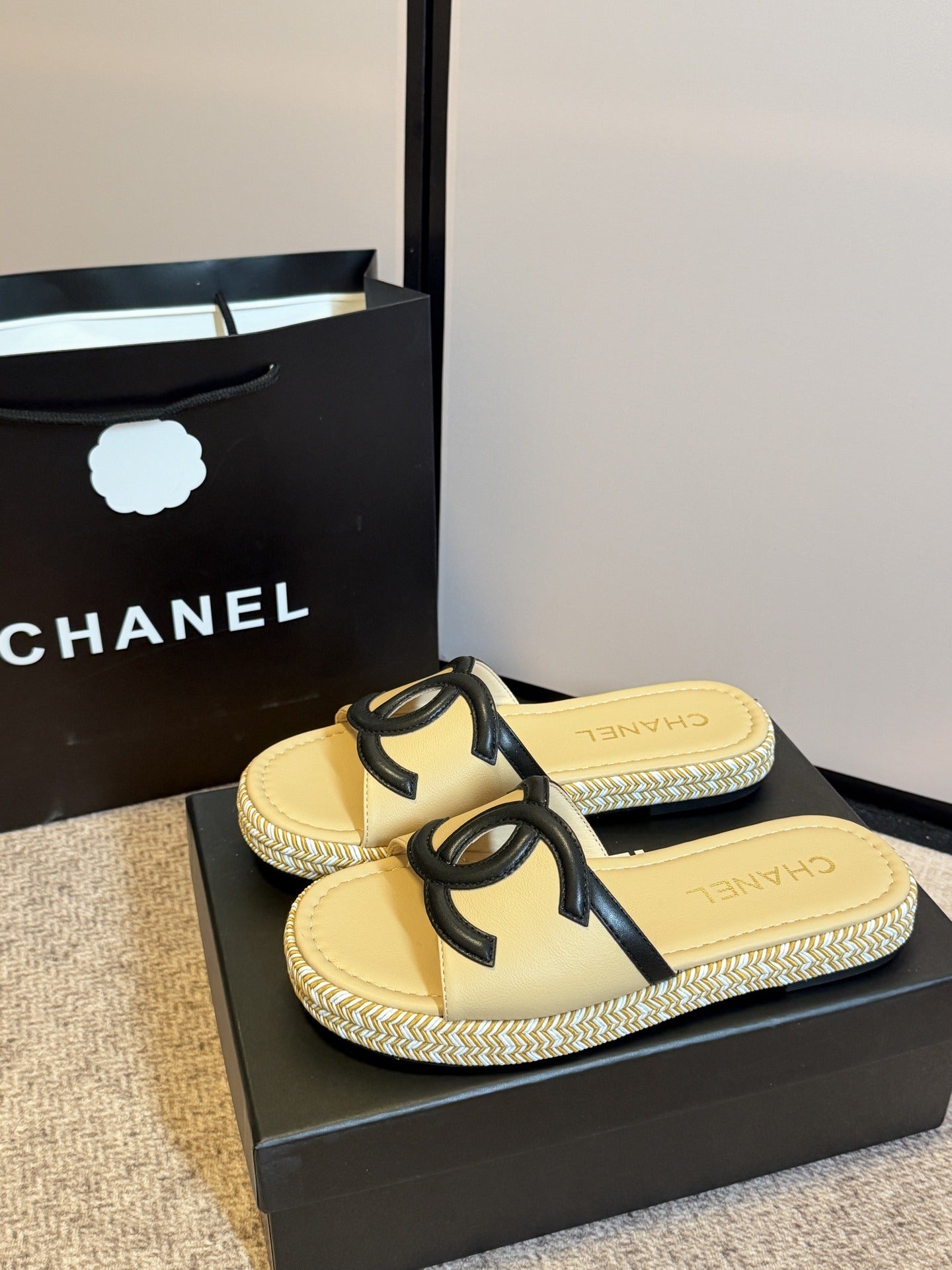 Chanel Lambskin Leather Logo Slides