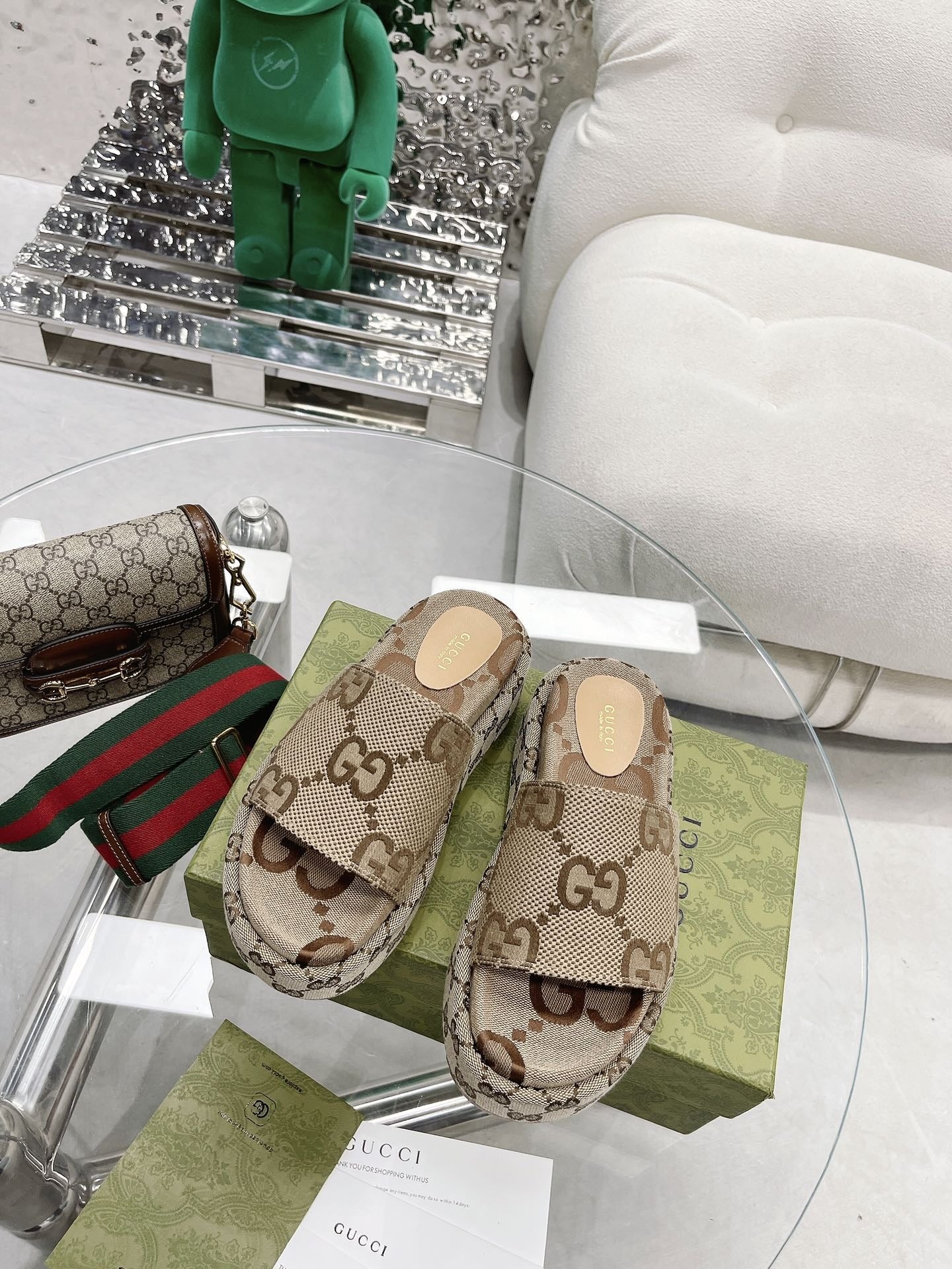 Gucci Green Canvas & Leather Double G Slides