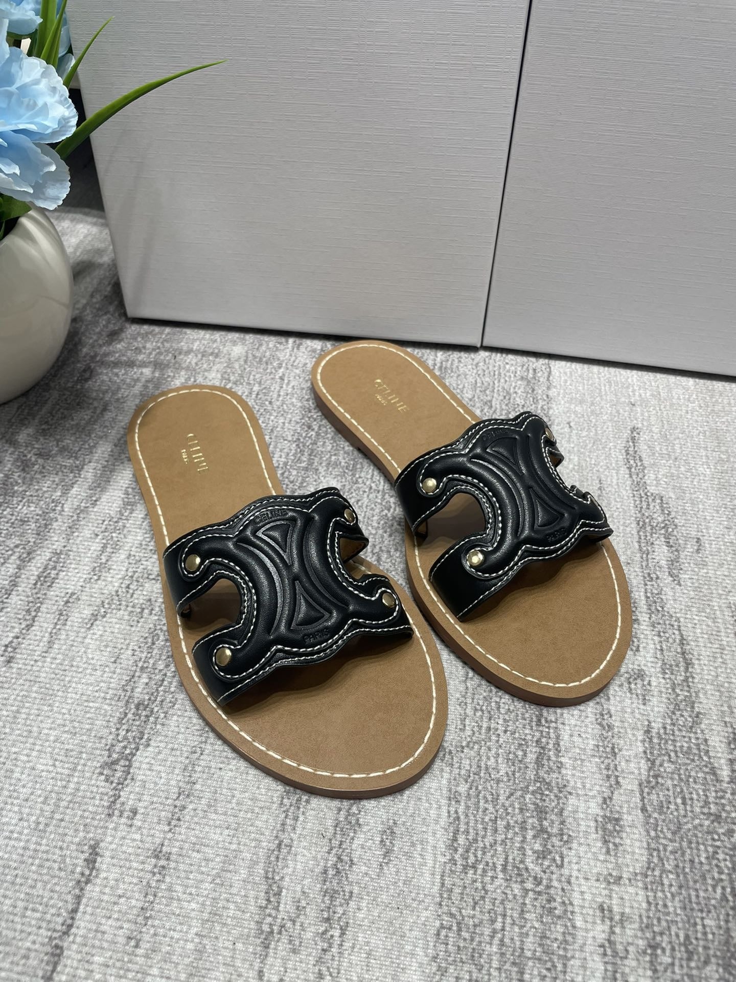 Celine Denim & Leather Tassel Slides
