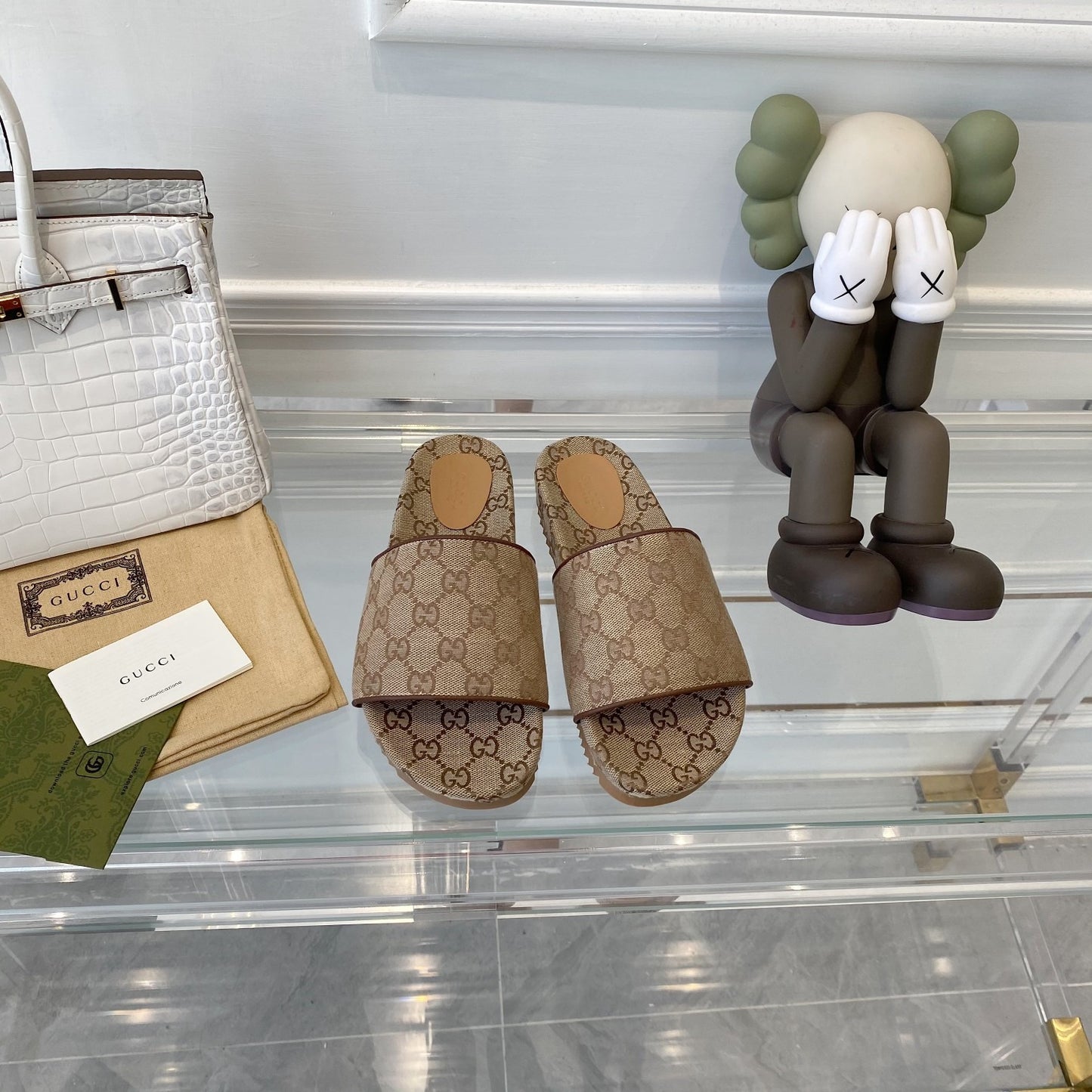 Gucci Green Canvas & Leather Double G Slides