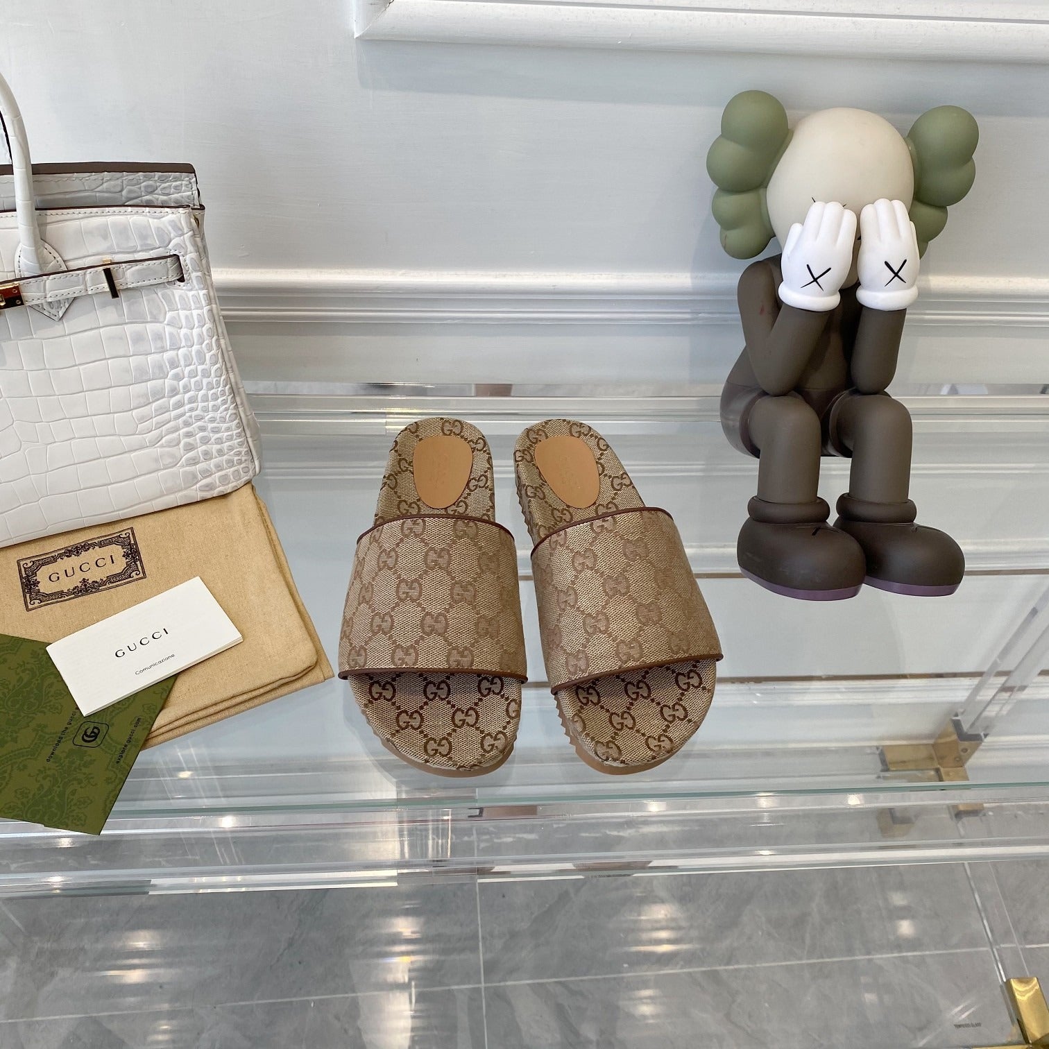 Gucci Green Canvas & Leather Double G Slides