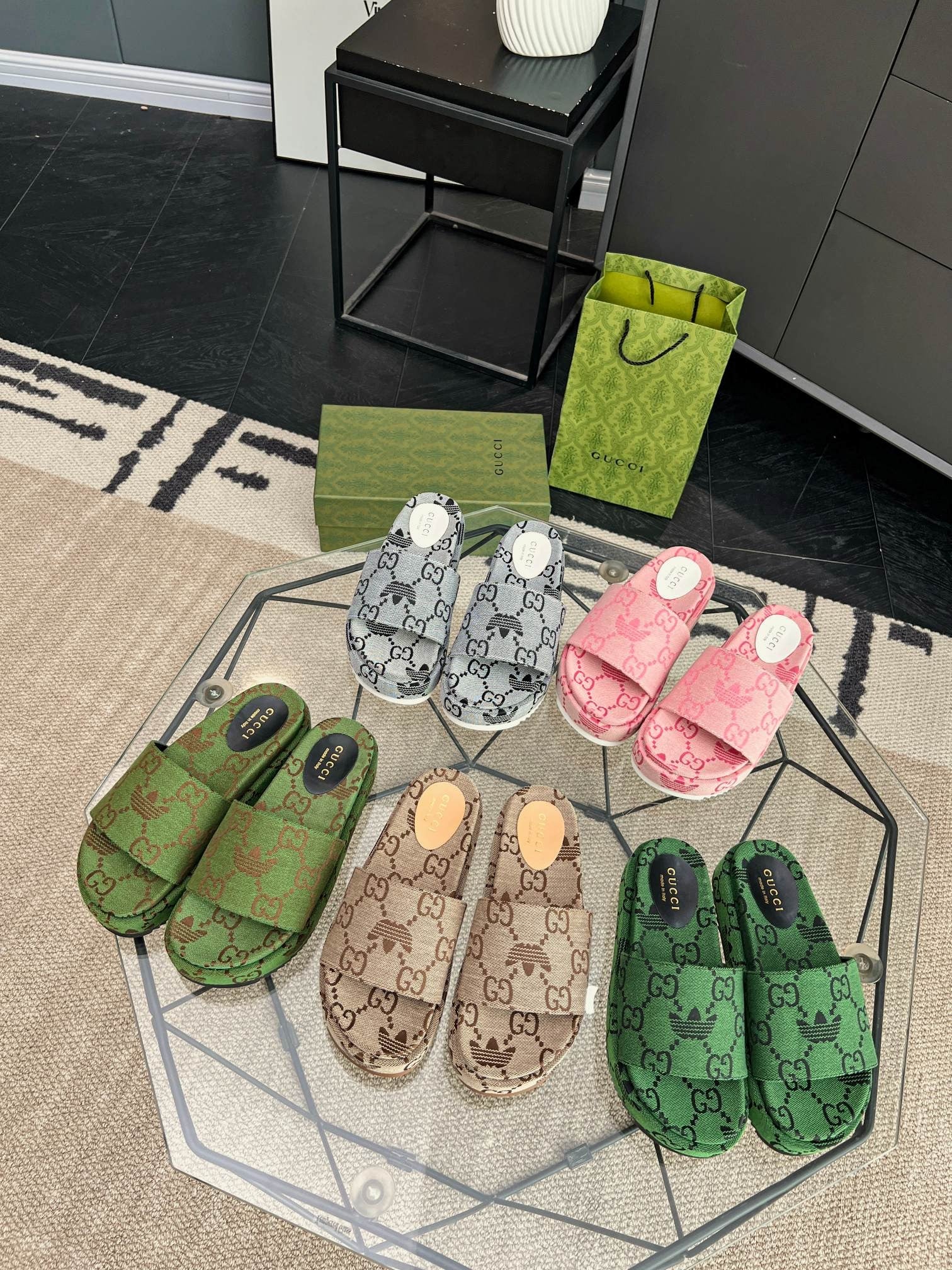 Gucci Green Canvas & Leather Double G Slides