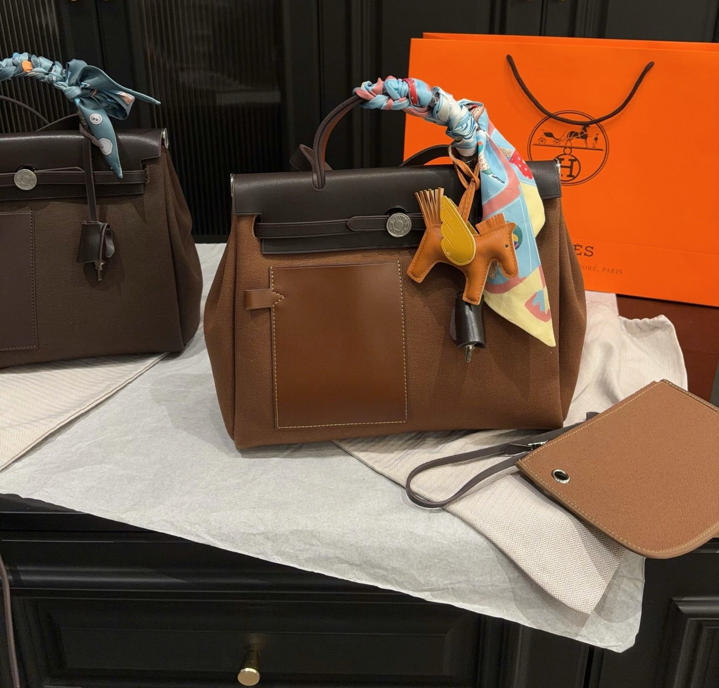Hermes Brown Canvas & Calfskin Leather Handbag