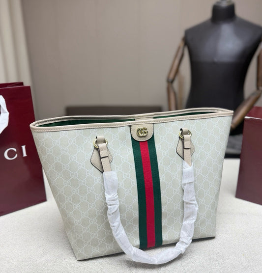 Gucci White Canvas & Leather Ophidia Tote Bag