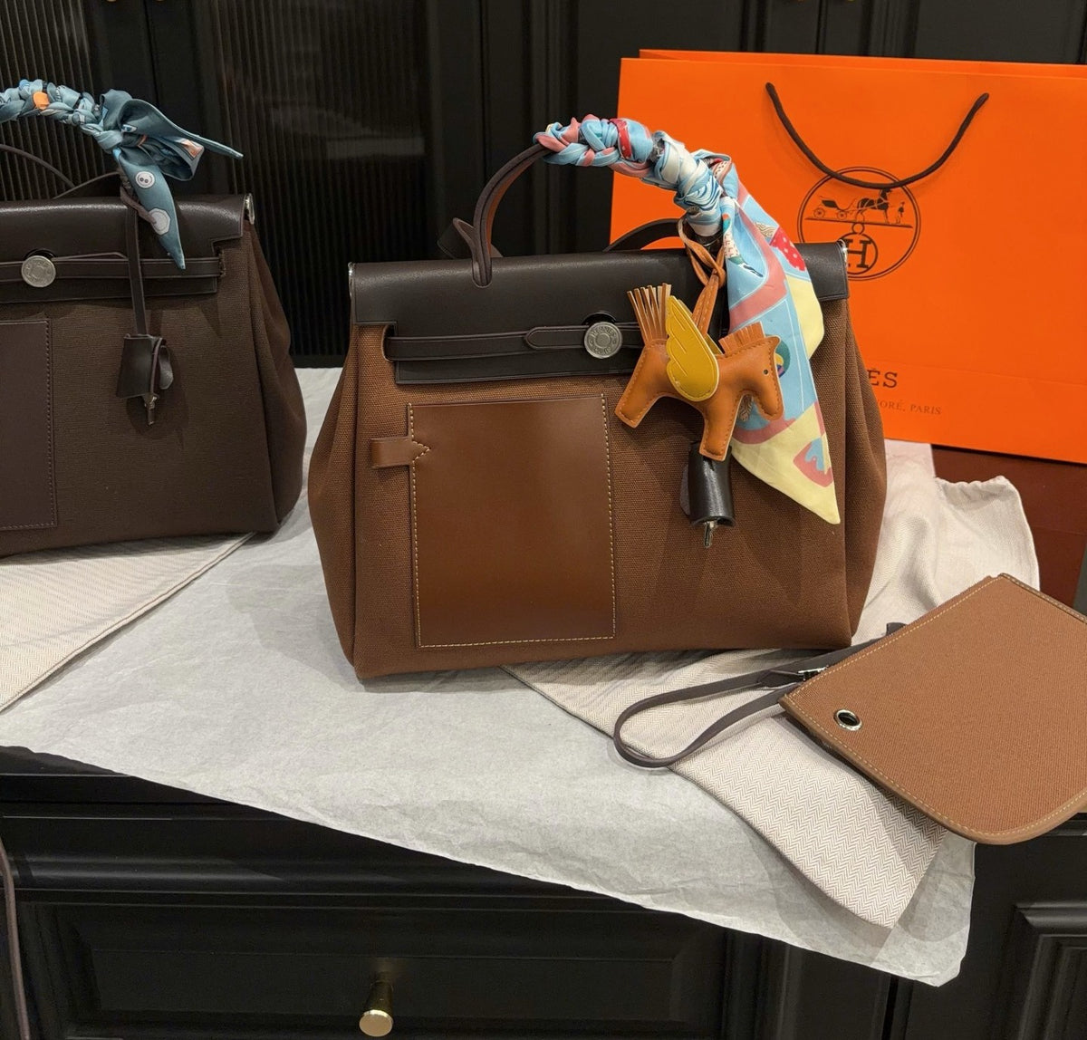 Hermes Brown Canvas & Calfskin Leather Handbag