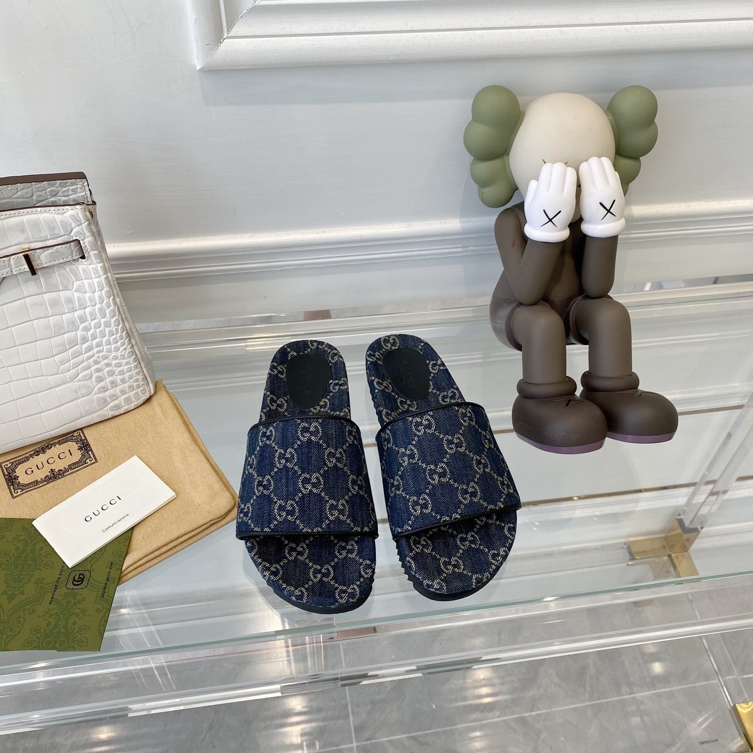 Gucci Green Canvas & Leather Double G Slides