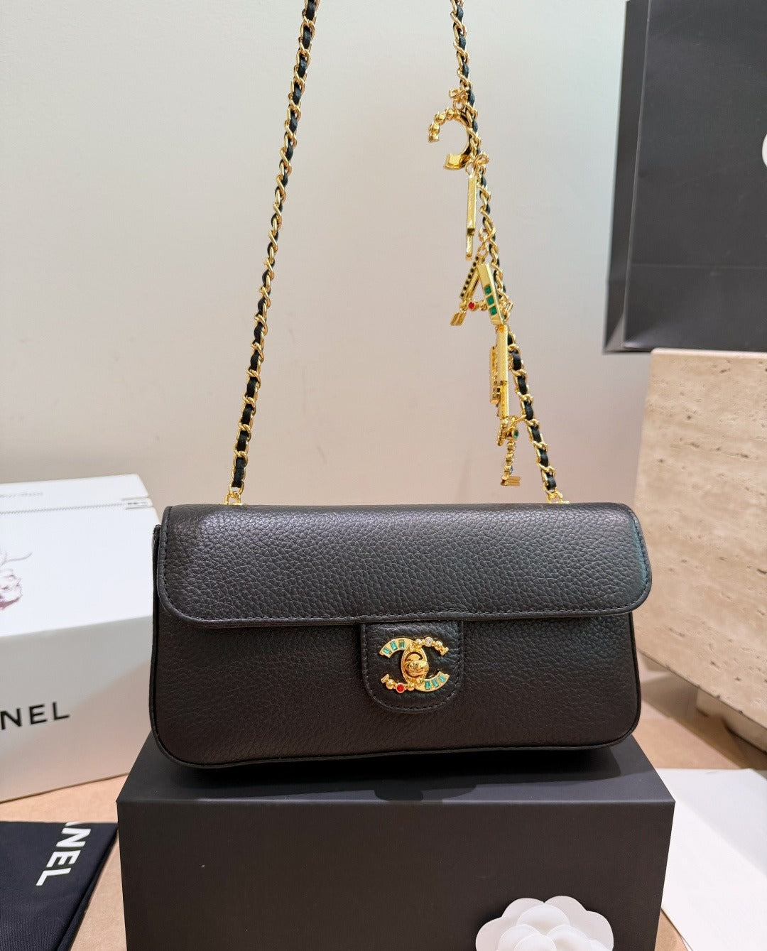 Chanel Black Leather Pearl Handbag