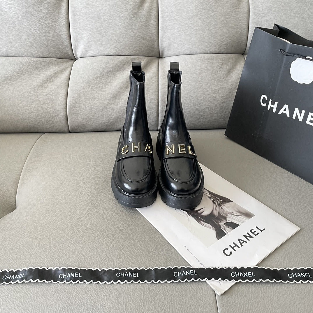 Chanel Lambskin Leather Logo Boots