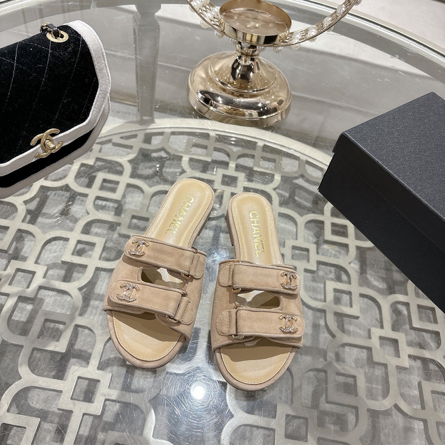 Chanel Lambskin Leather Crystal Slides