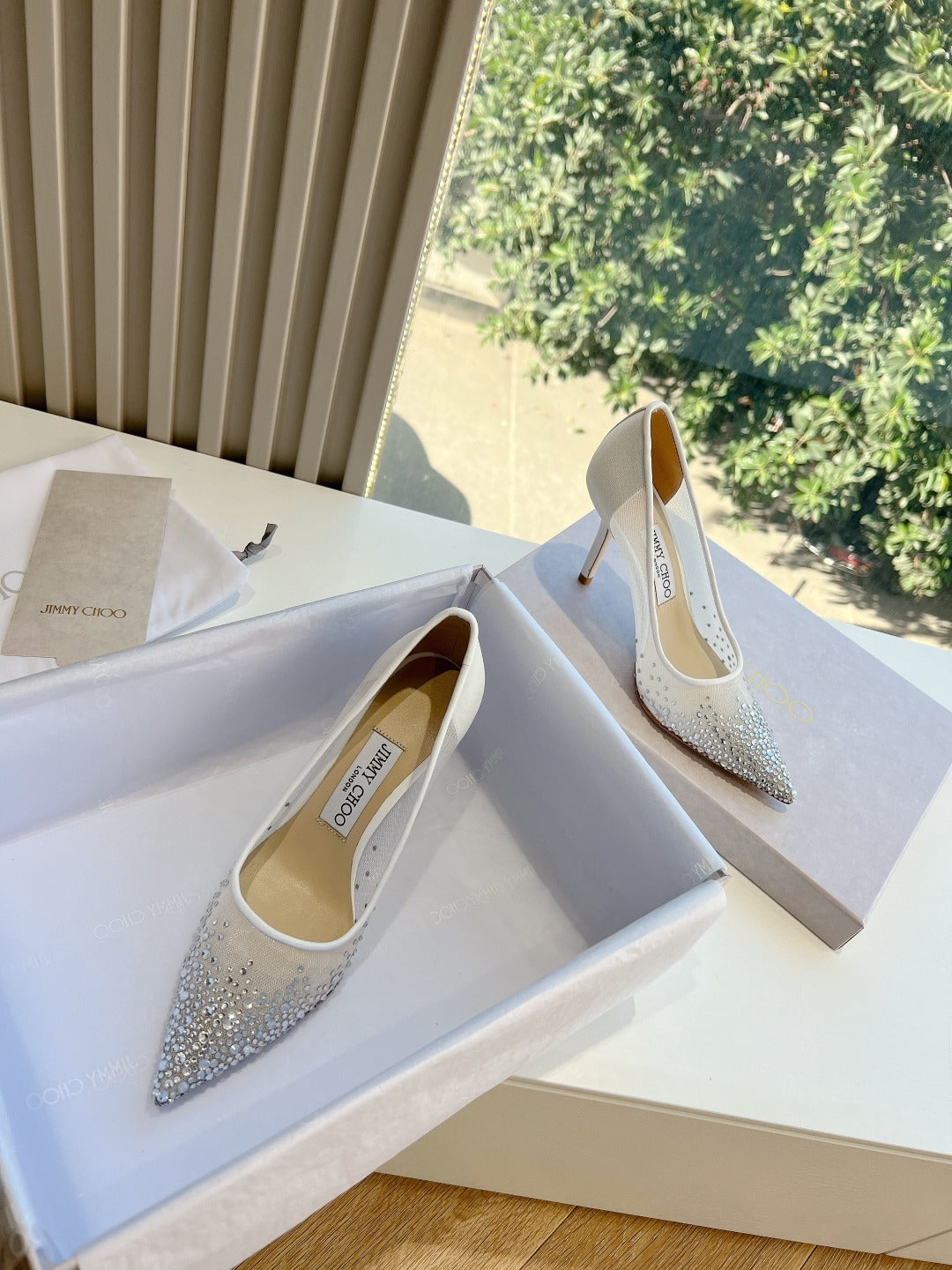 Jimmy Choo Lambskin Leather Crystal Heels
