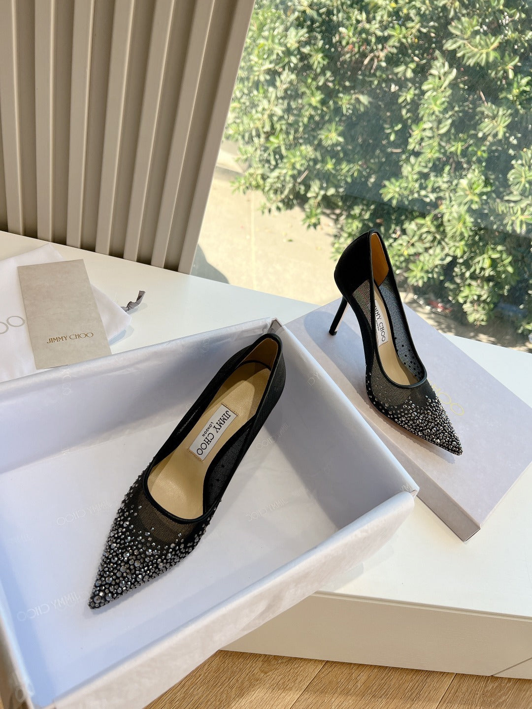 Jimmy Choo Lambskin Leather Crystal Heels