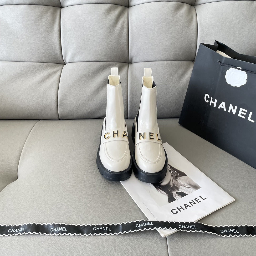 Chanel Lambskin Leather Logo Boots