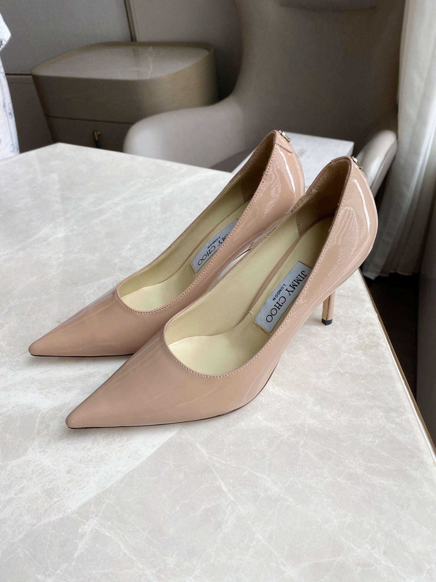 Jimmy Choo Women Patent Leather & Lambskin Leather Pearl Heels