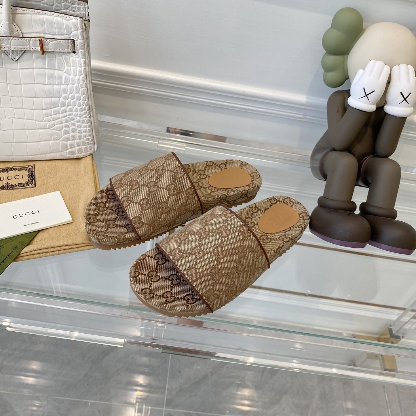 Gucci Green Canvas & Leather Double G Slides