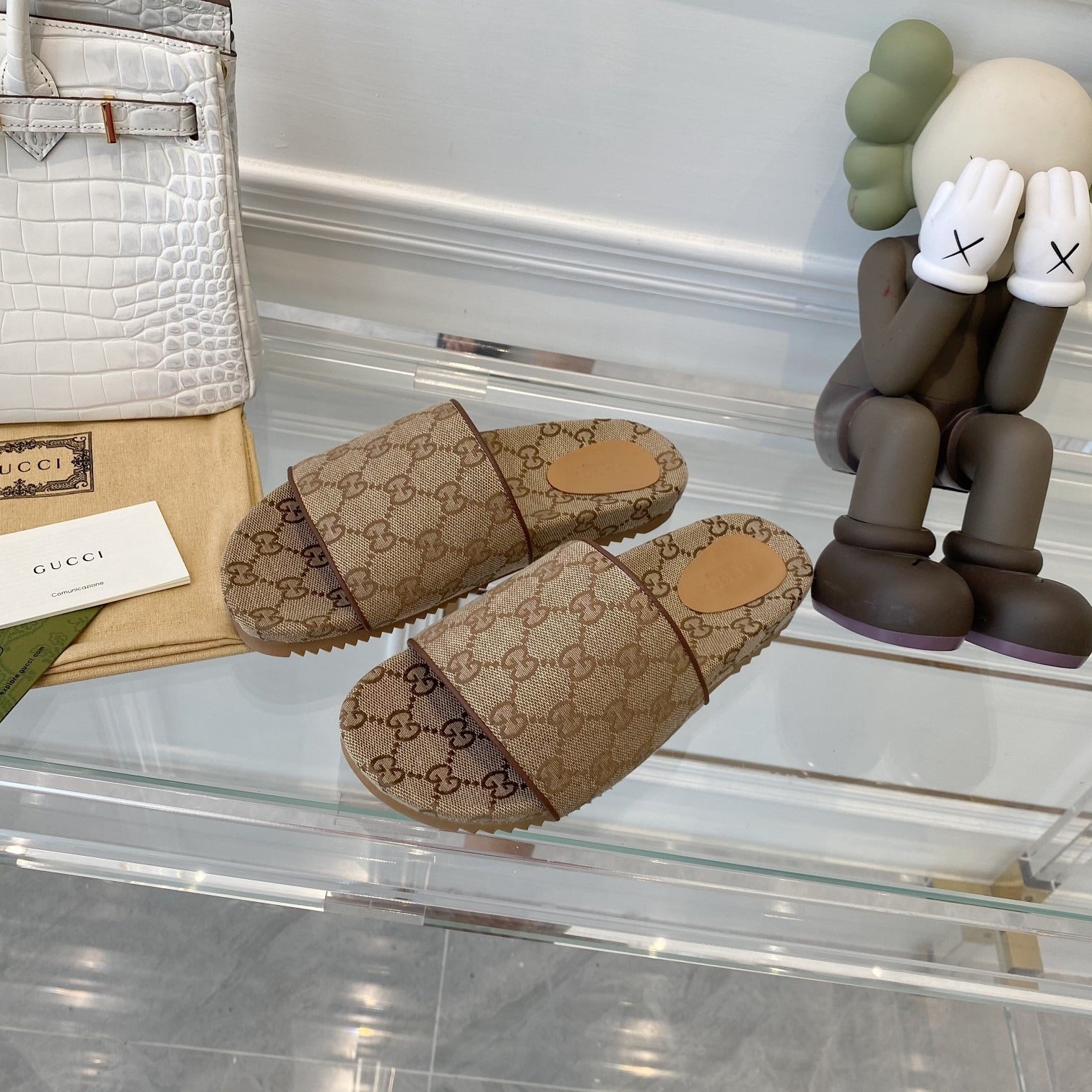 Gucci Green Canvas & Leather Double G Slides