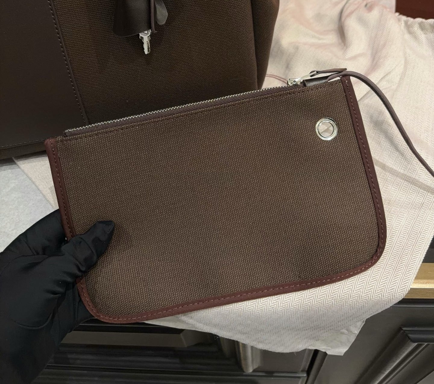 Hermes Brown Canvas & Calfskin Leather Handbag