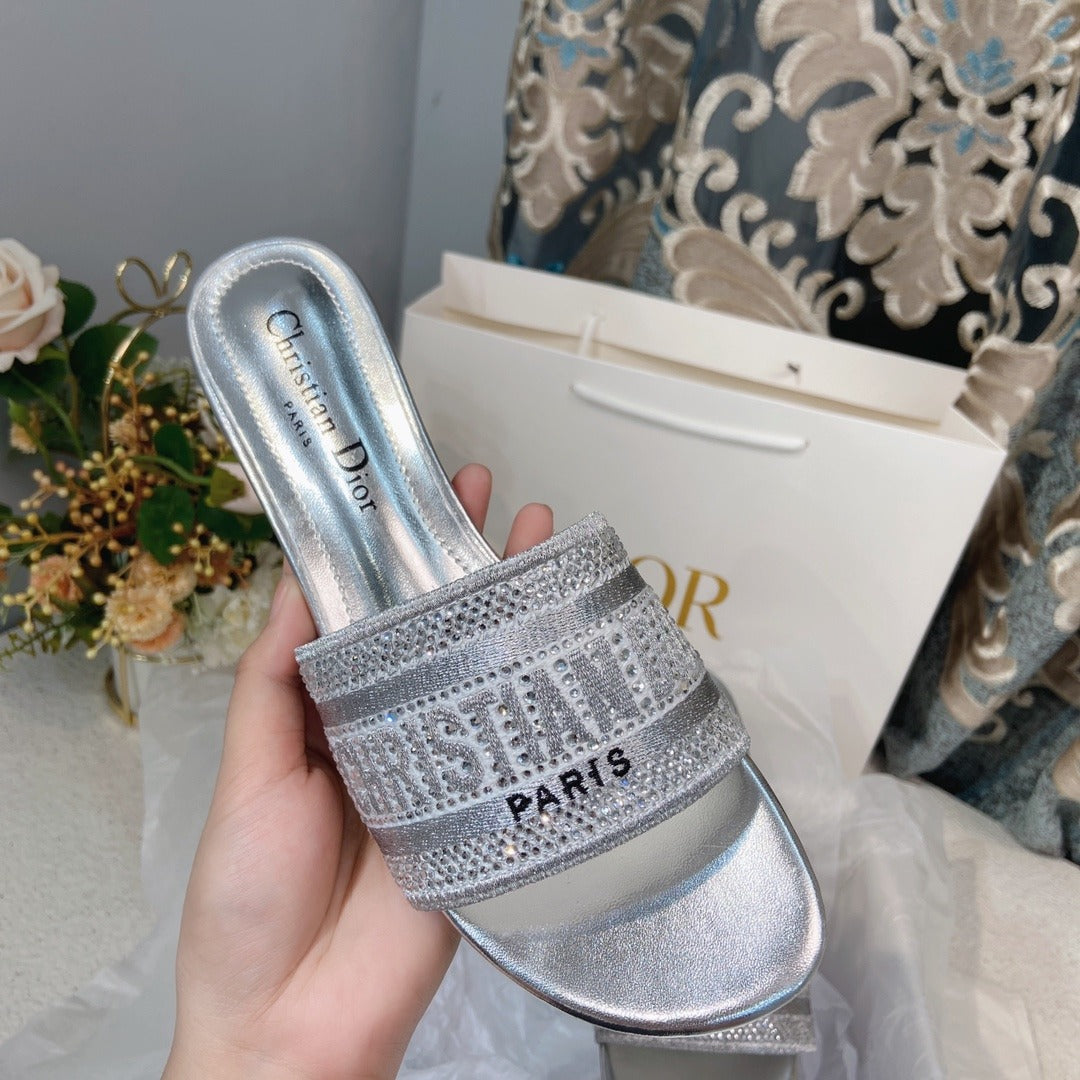 Dior Cotton & Lambskin Leather Crystal Slides
