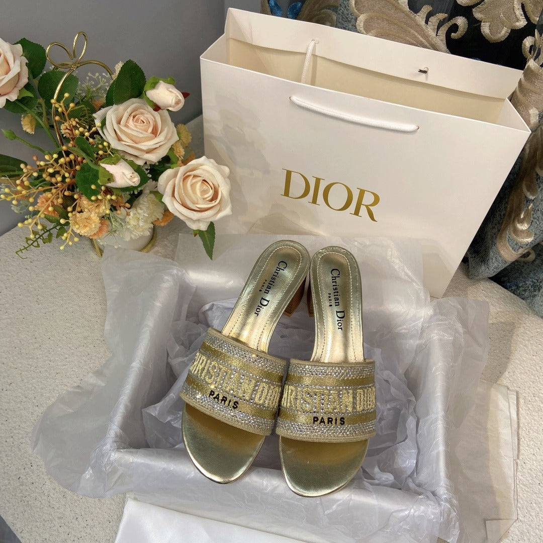 Dior Cotton & Lambskin Leather Crystal Slides