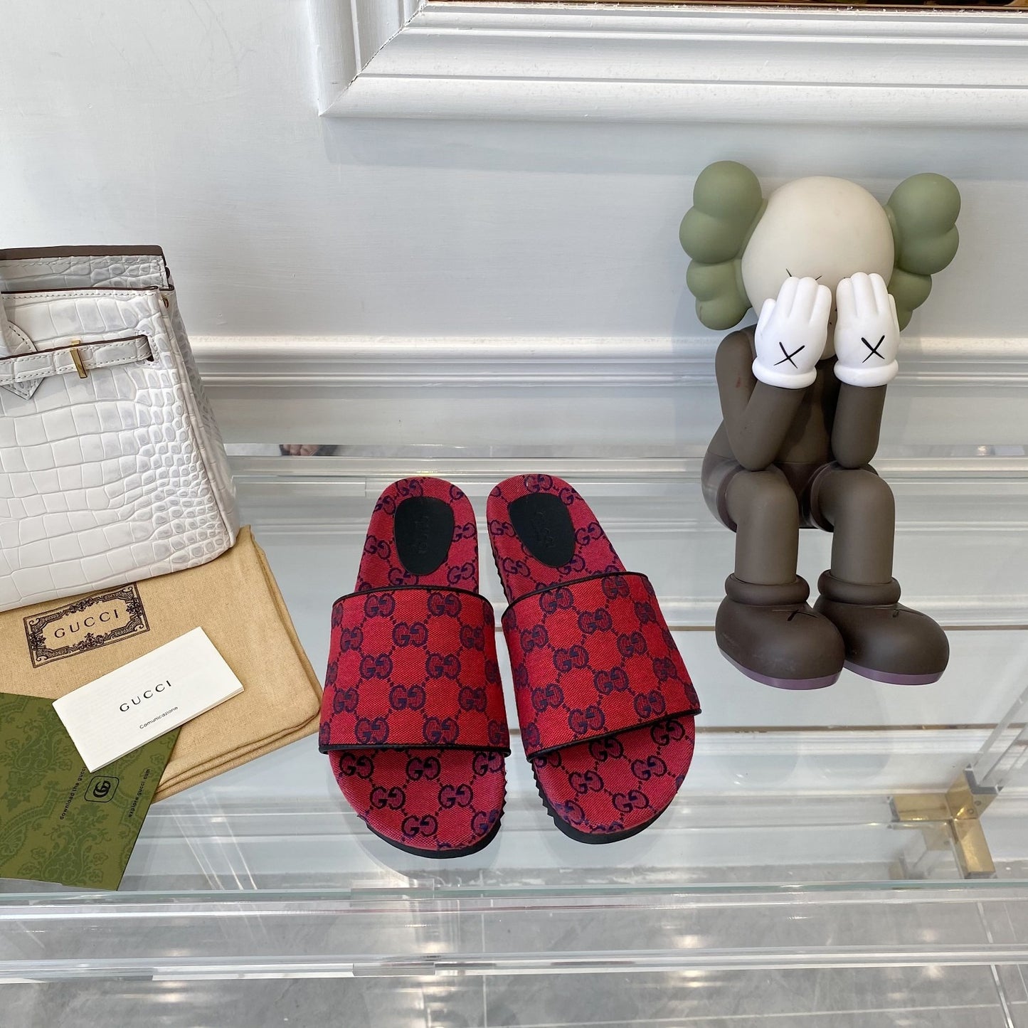 Gucci Green Canvas & Leather Double G Slides