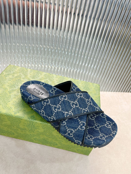 Gucci Green Canvas & Leather Double G Slides