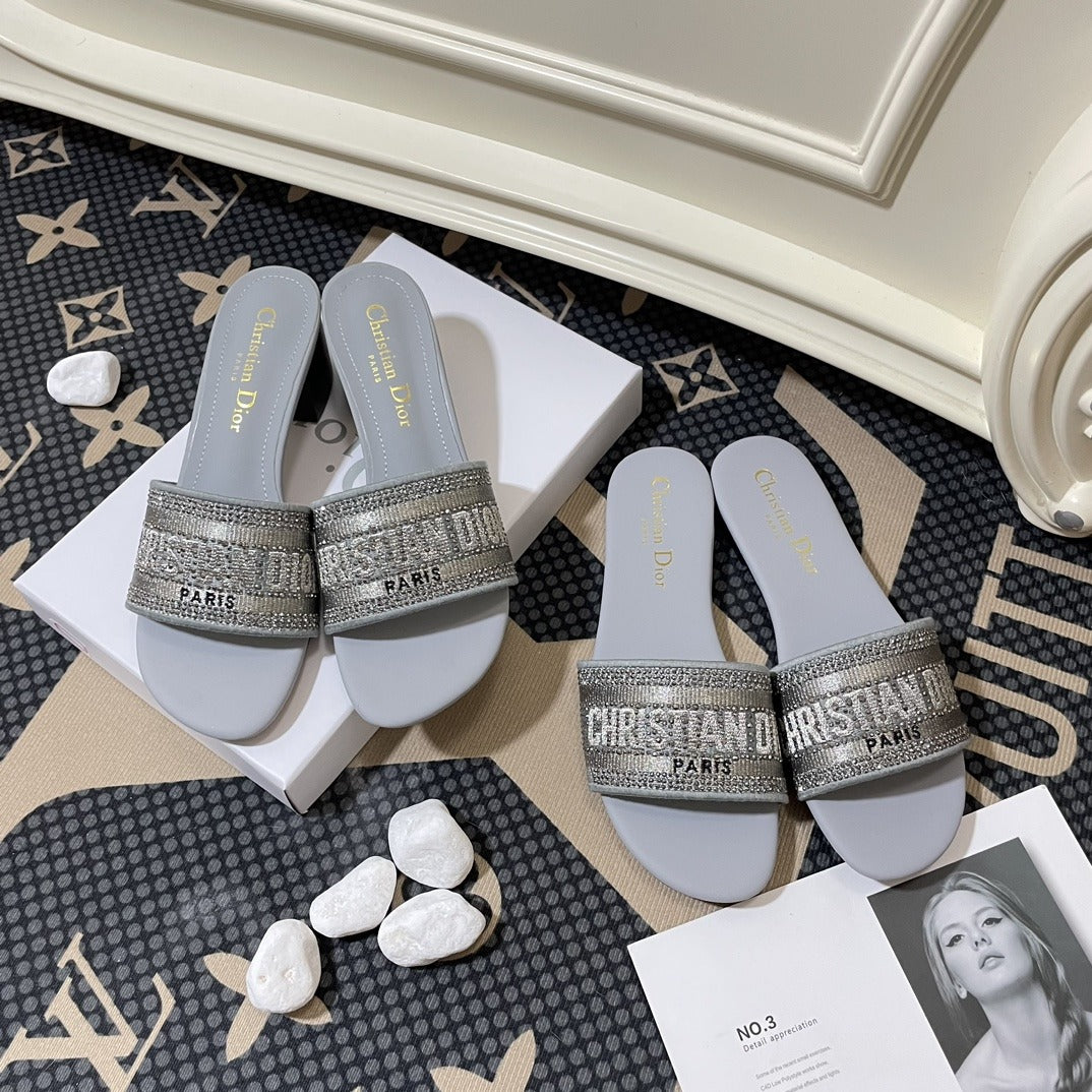 Dior Lambskin Leather Embroidered Slides