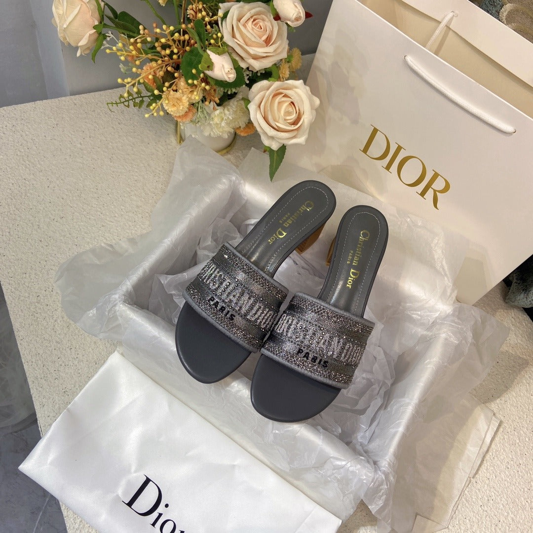 Dior Cotton & Lambskin Leather Crystal Slides
